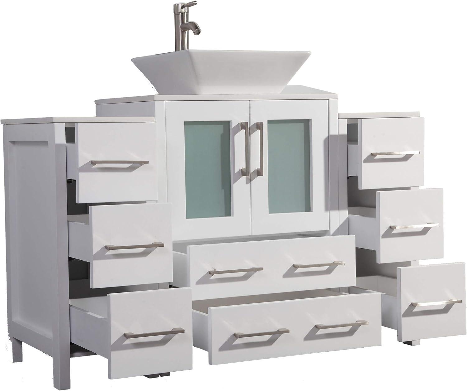 Vanity Art 48 Inch Vessel Single Sink Bathroom Vanity Cabinet with 1 Mirror, Engineered Marble Top Bathroom Cabinet Compact Set with 8 Dovetail Drawers and Soft Closing Doors, VA3124-48W