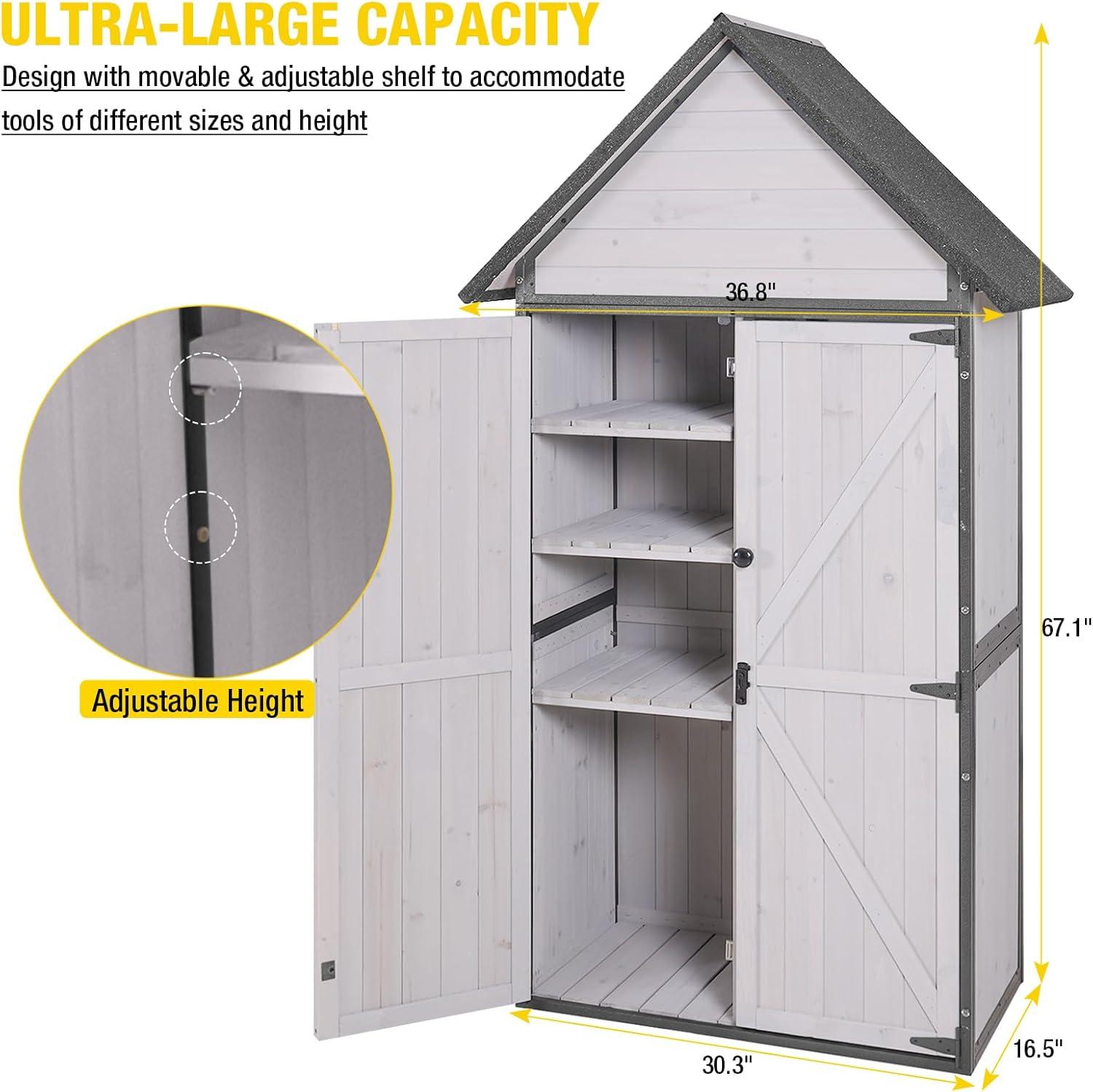 White Wooden Outdoor Storage Shed with Adjustable Shelves