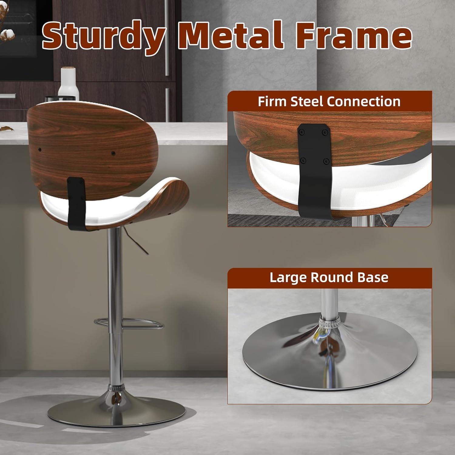 civama Bar Stools Set of 2 for Kitchen Counter, Adjustable Bar Height Chairs, Modern Swivel Barstools with Bentwood Seat and Back with Footrest, for Kitchen Island, Dining Room, White PU Leather