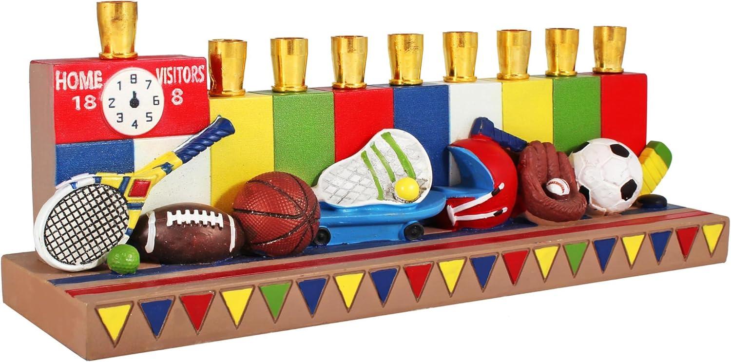 Aviv Judaica Hanukkah Sports Menorah for Kids Polyresin Chanukah Candles Menorah for Children 3D Sculptured Boys & Girls Ball Games Hanukkiah Baseball Hanukkiah Basketball Chanukiah Football Minorah