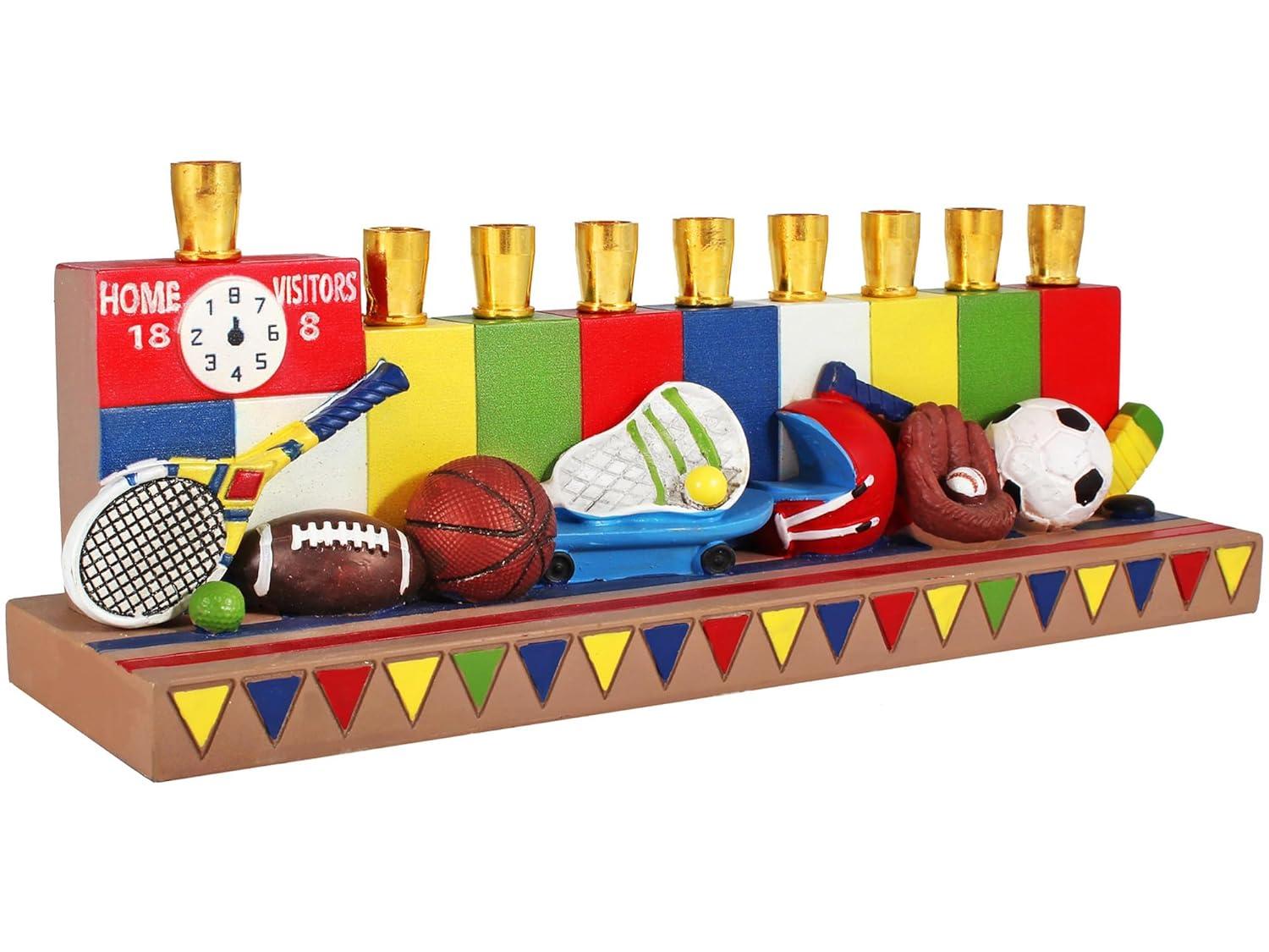 Aviv Judaica Hanukkah Sports Menorah for Kids Polyresin Chanukah Candles Menorah for Children 3D Sculptured Boys & Girls Ball Games Hanukkiah Baseball Hanukkiah Basketball Chanukiah Football Minorah