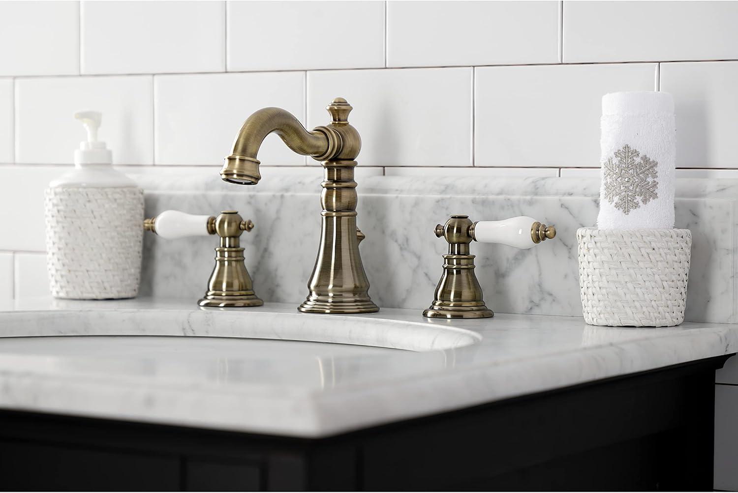 Kingston Brass American Patriot Two-Handle 3-Hole Deck Mount Widespread Bathroom Faucet with Brass Pop-Up Drain