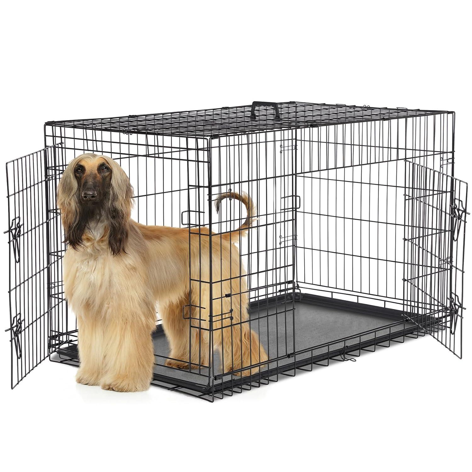 EDX Big Dog Crate with Divider Panel, 48 Inch Double Door Folding Metal Wire Dog Cage with Plastic Leak-Proof Pan Tray