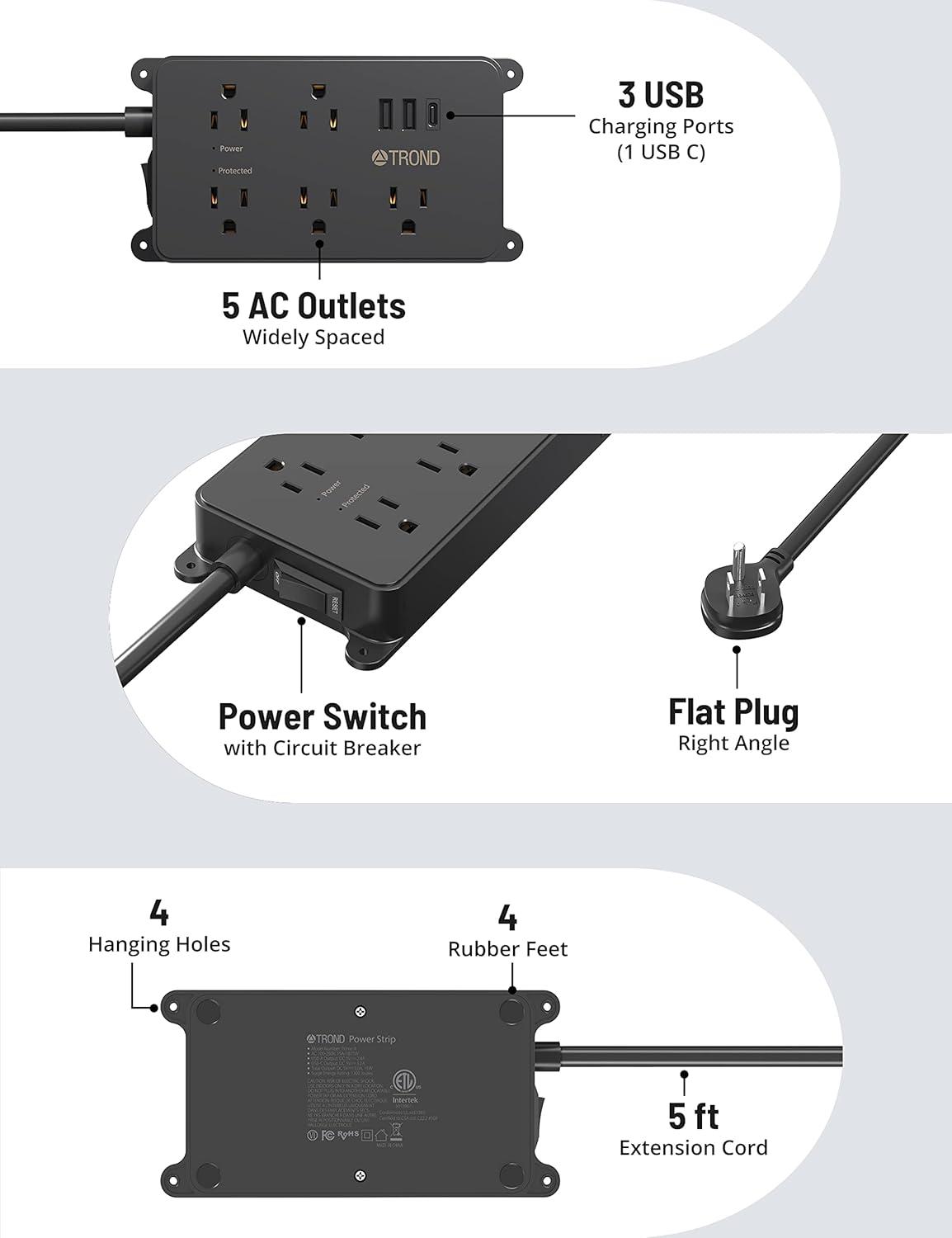 TROND Power Strip Surge Protector, ETL Listed, 15A, 5 Wide Spaced Outlets with 3 USB Ports, Wall Mountable, Flat Plug 5ft Extension Cord, 1300J, 14AWG Heavy Duty, for Office Kitchen, Black