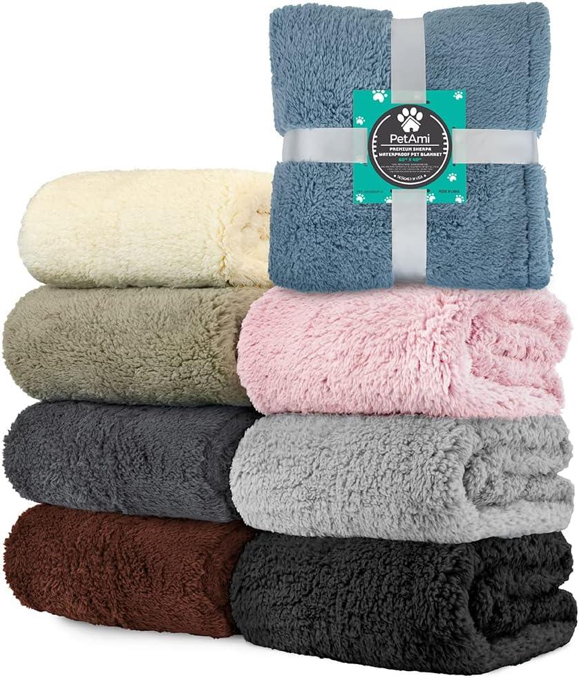 PetAmi Fluffy Waterproof Dog Blanket For Pet Cat Puppy, Soft Faux Shearling Throw Couch Cover, Plush Washable Reversible