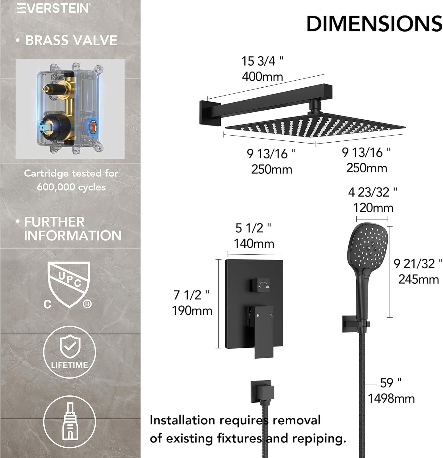 YAWWALK 10" Shower Head with 3-Spray Patterns Handheld in Matte Black (Valve Included)