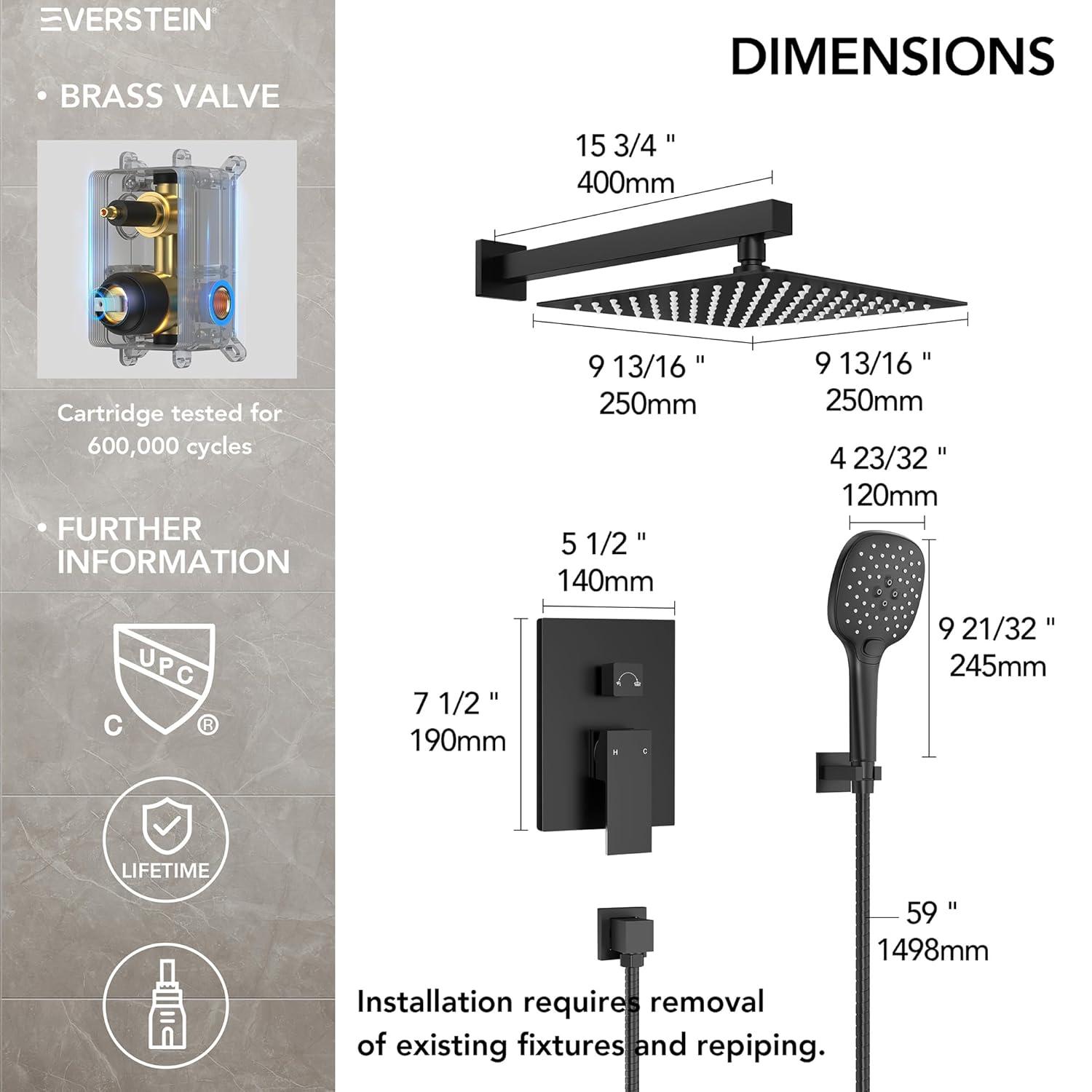YAWWALK 10" Shower Head with 3-Spray Patterns Handheld in Matte Black (Valve Included)