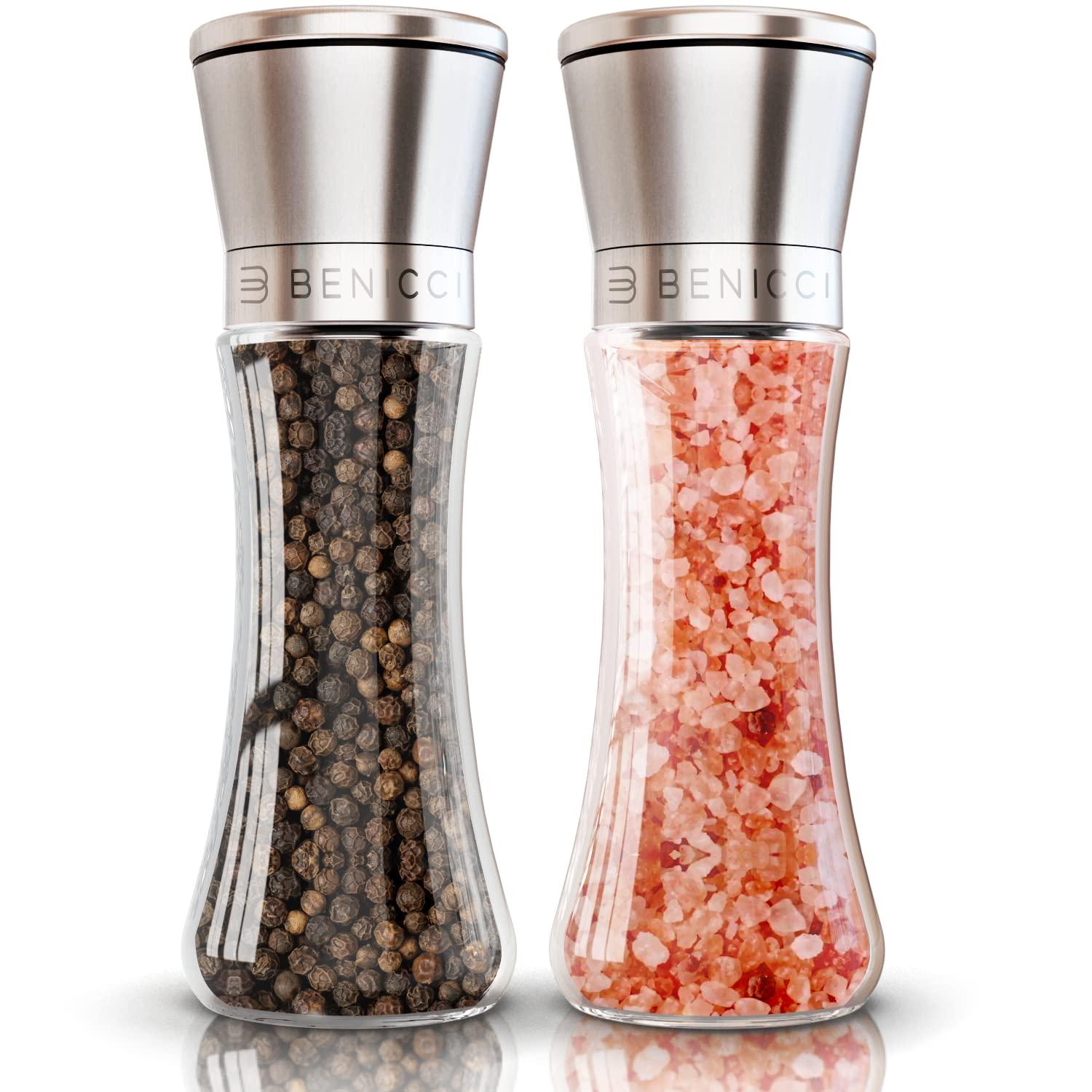 Textiles Hub Premium Salt And Pepper Grinder Set Of 2 - Two Refillable Stainless Steel Sea Salt & Spice Shakers With Adjustable Coarse Mills - Easy Clean Grinders Funnel & Cleaning Brush