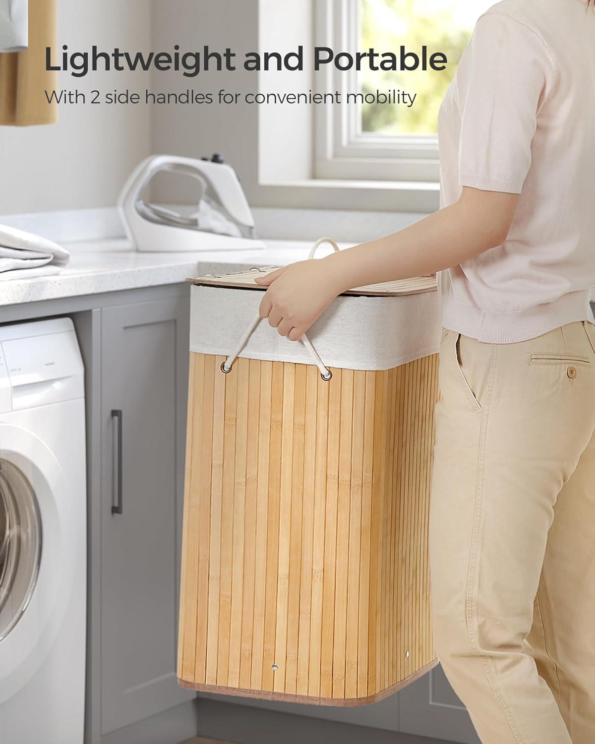 Natural Bamboo Foldable Laundry Hamper with Lid and Handles