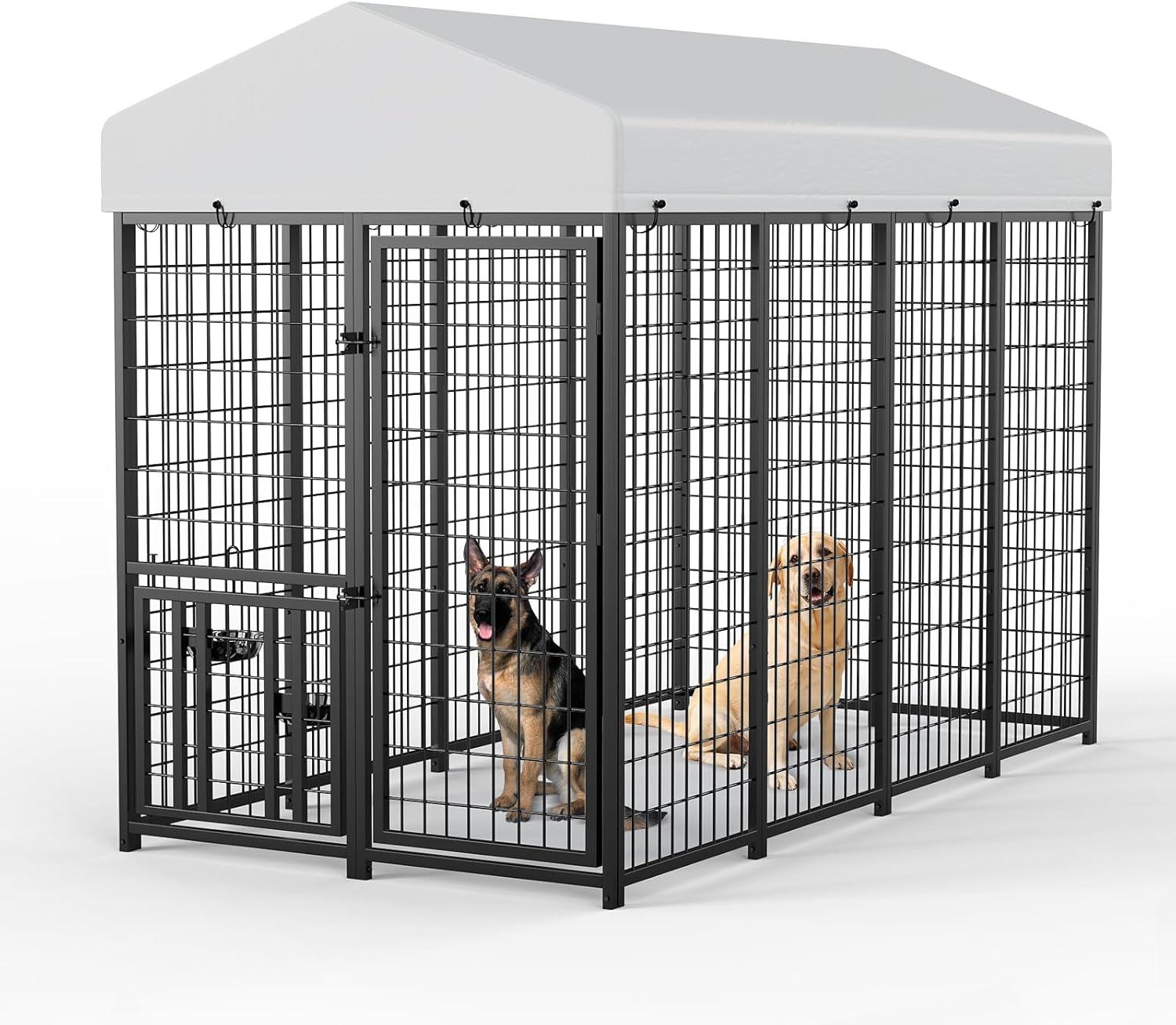 Large Black Metal Outdoor Dog Kennel with Roof Cover