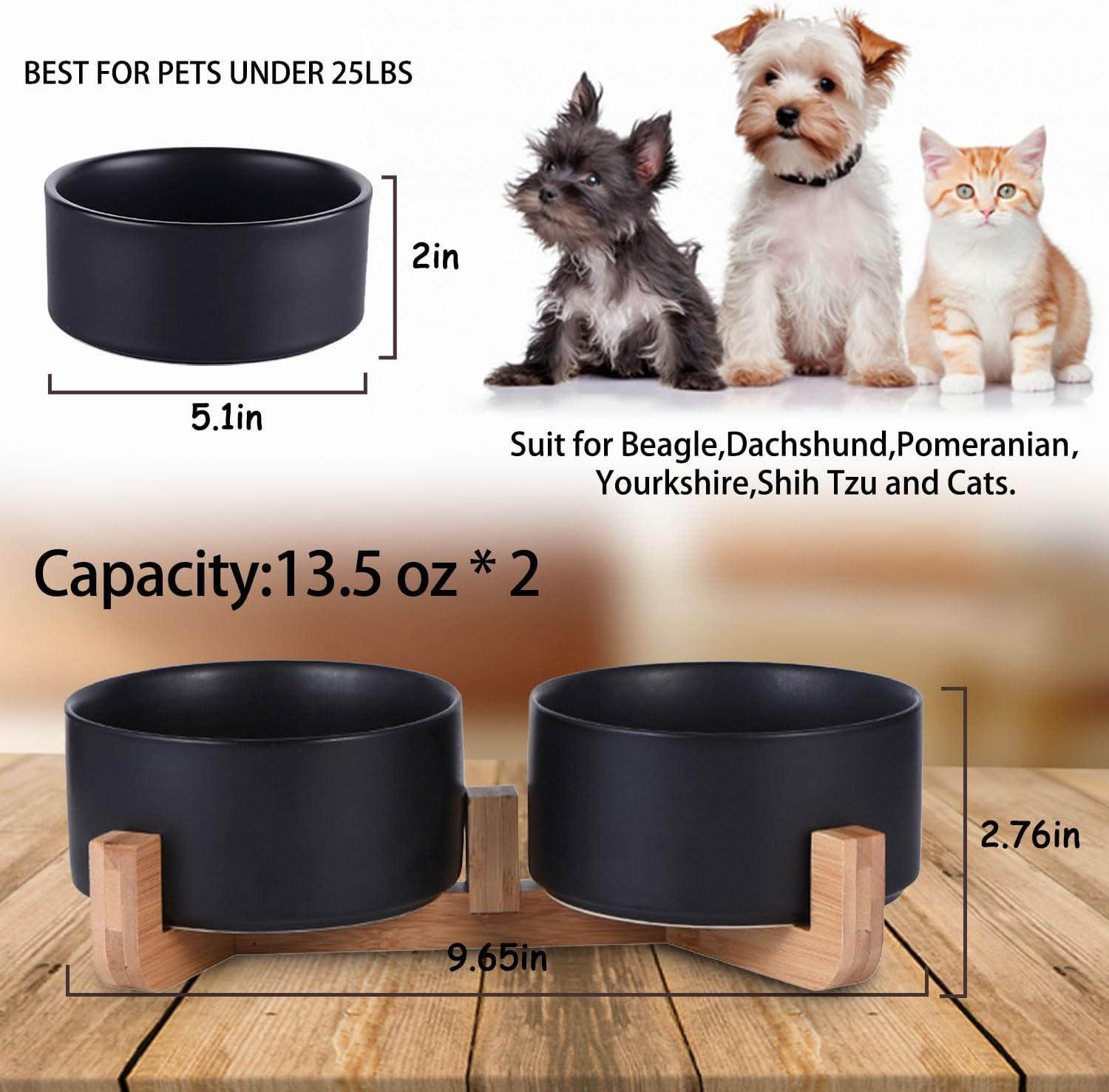 Pet Bowls,Ceramic Cat Dog Bowl Set with Wood Stand for Food and Water,Non-Slip Cute Pet Bowls