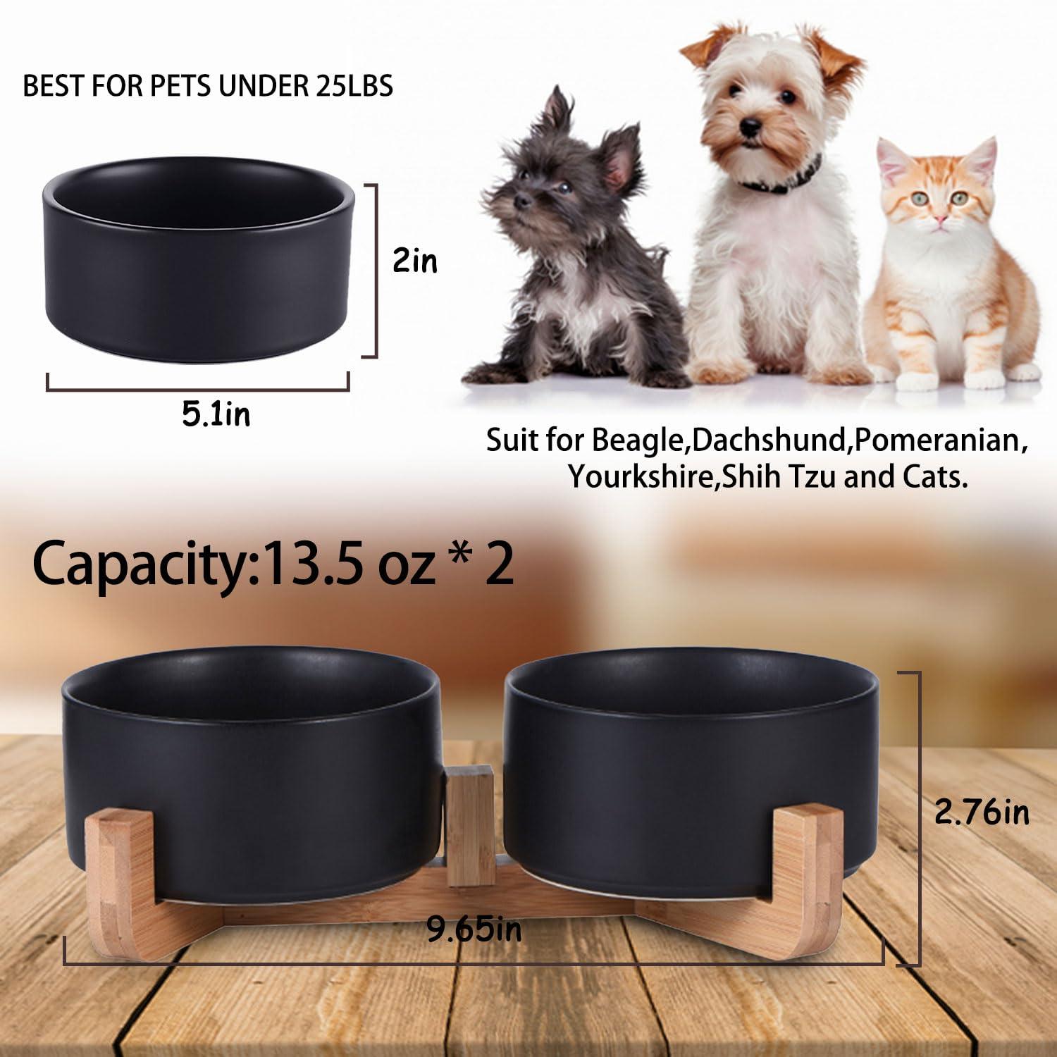 Pet Bowls,Ceramic Cat Dog Bowl Set with Wood Stand for Food and Water,Non-Slip Cute Pet Bowls