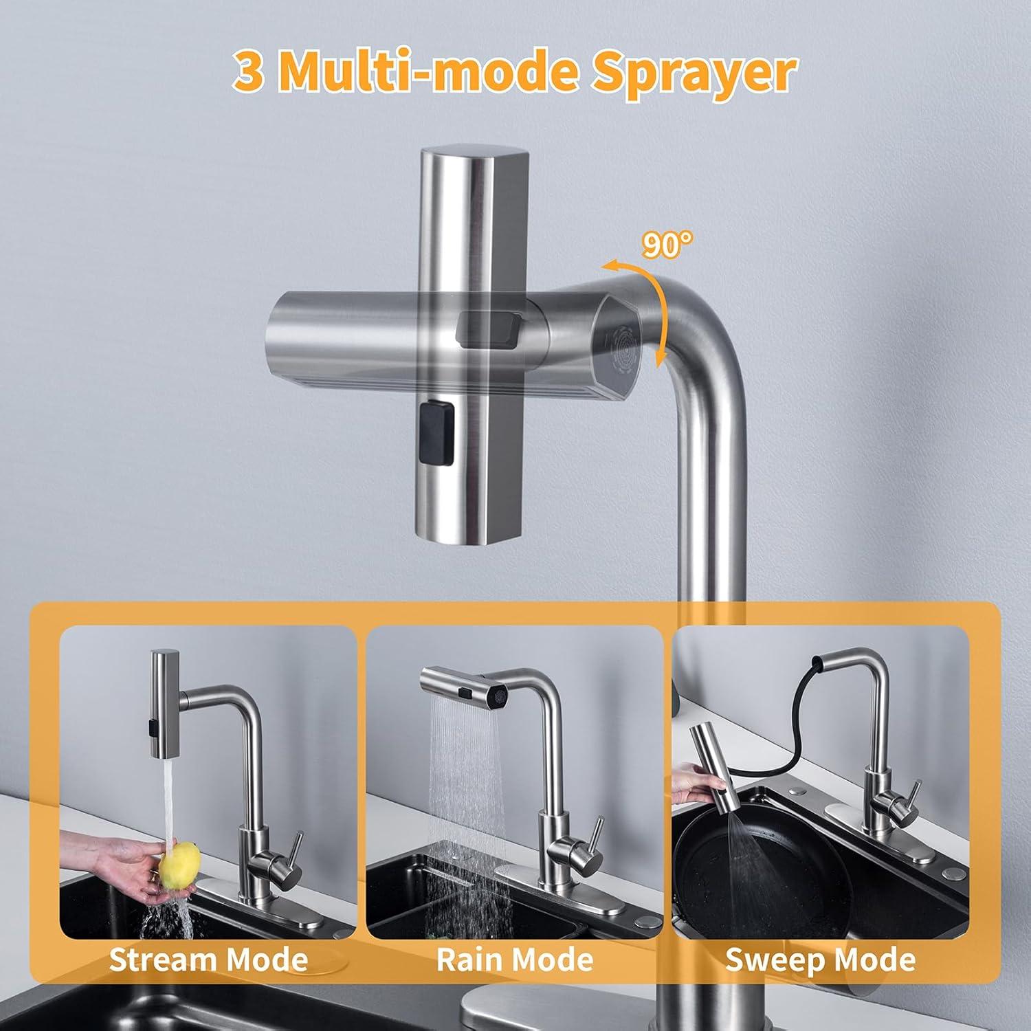 Pull Down Sprayer Single Hole Handle Stainless Steel Kitchen Sink Faucets