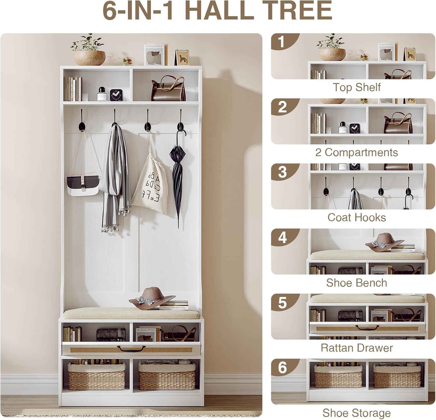 Anmytek Hall Tree with Bench and Shoe Storage, Entryway Coat Rack with 6 Compartments 4 Hooks & Rattan Door, Shoe Storage Bench with Soft Cushion for Hallway, Living Room, Mudroom