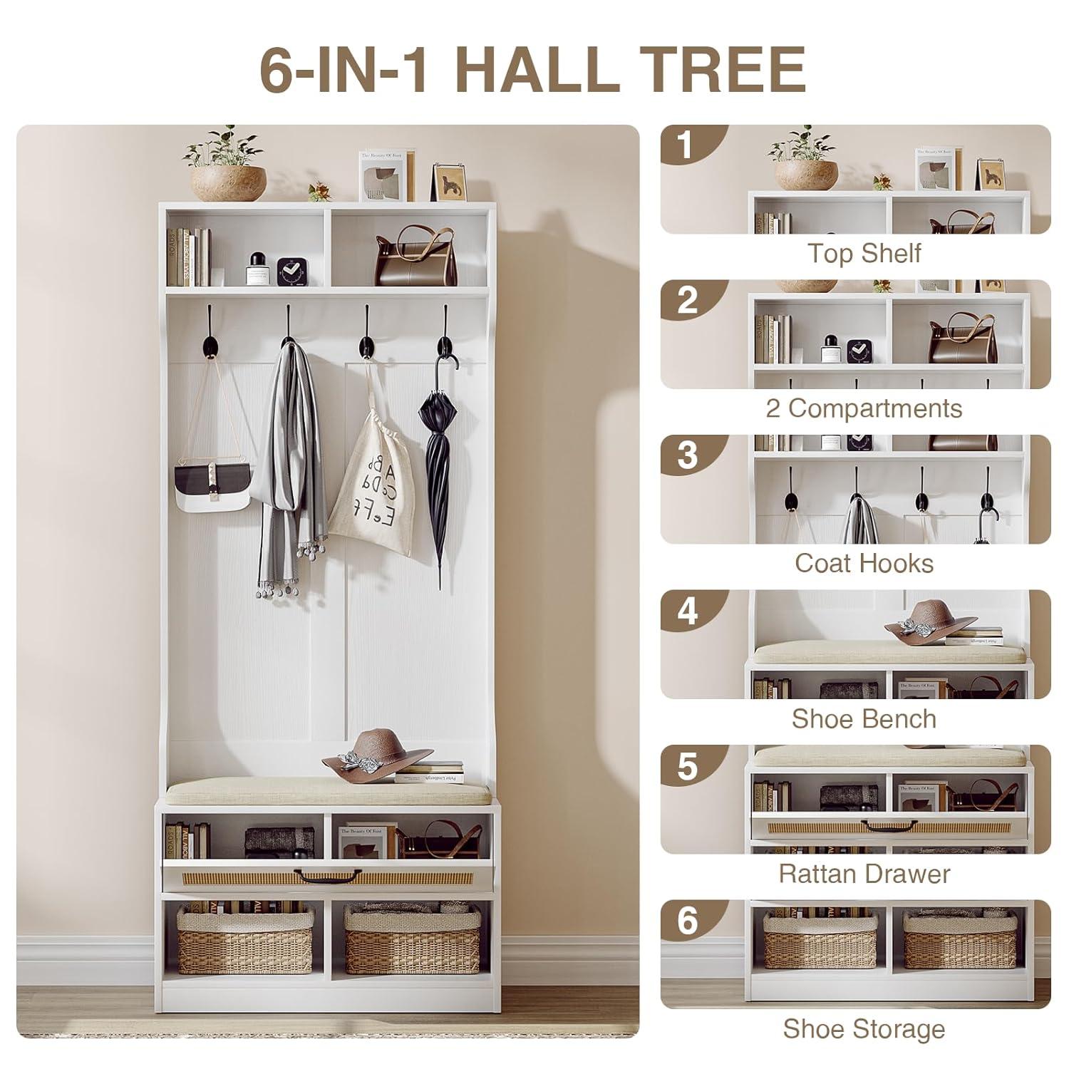 Anmytek Hall Tree with Bench and Shoe Storage, Entryway Coat Rack with 6 Compartments 4 Hooks & Rattan Door, Shoe Storage Bench with Soft Cushion for Hallway, Living Room, Mudroom