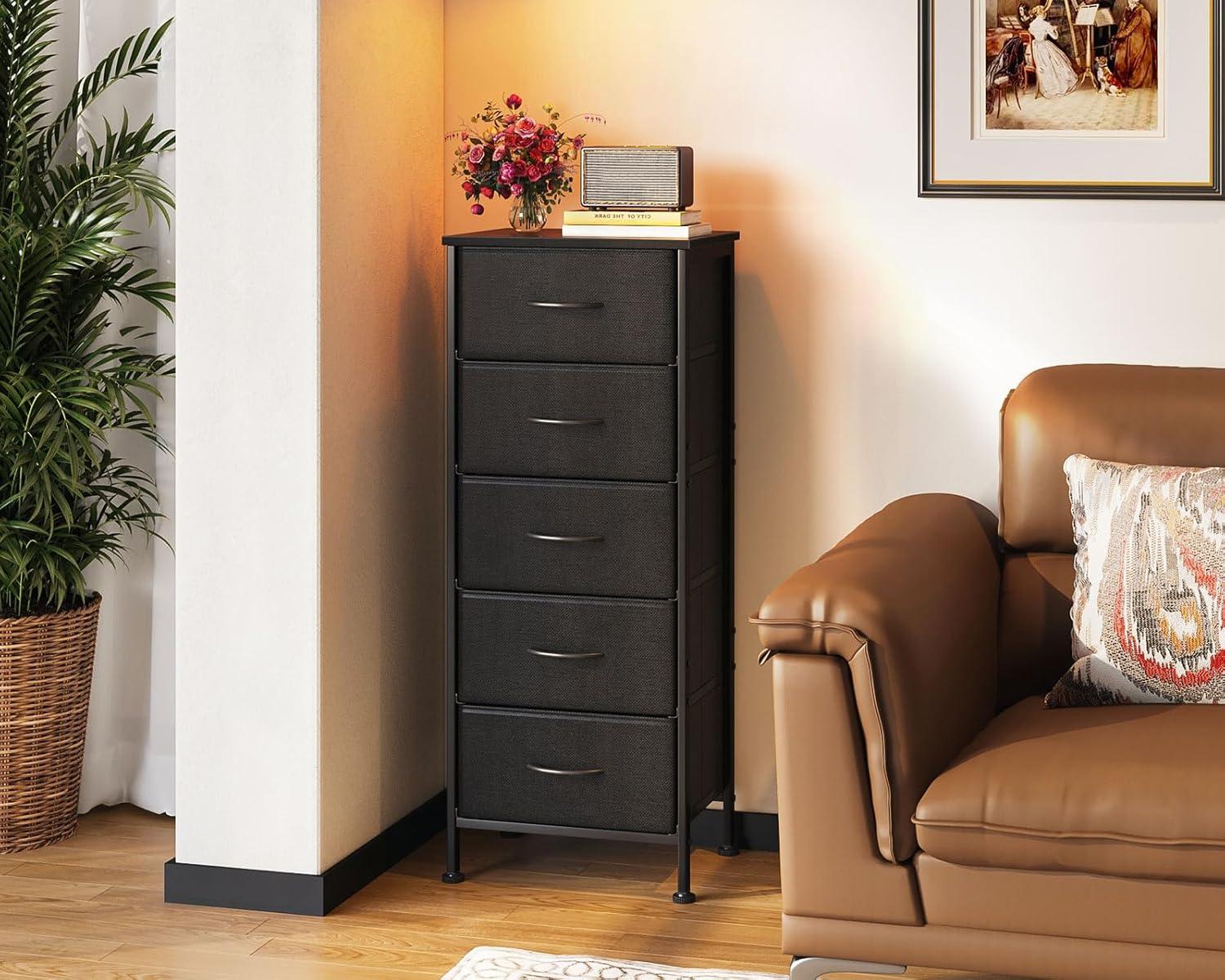 Black Fabric and Steel 5-Drawer Tall Dresser