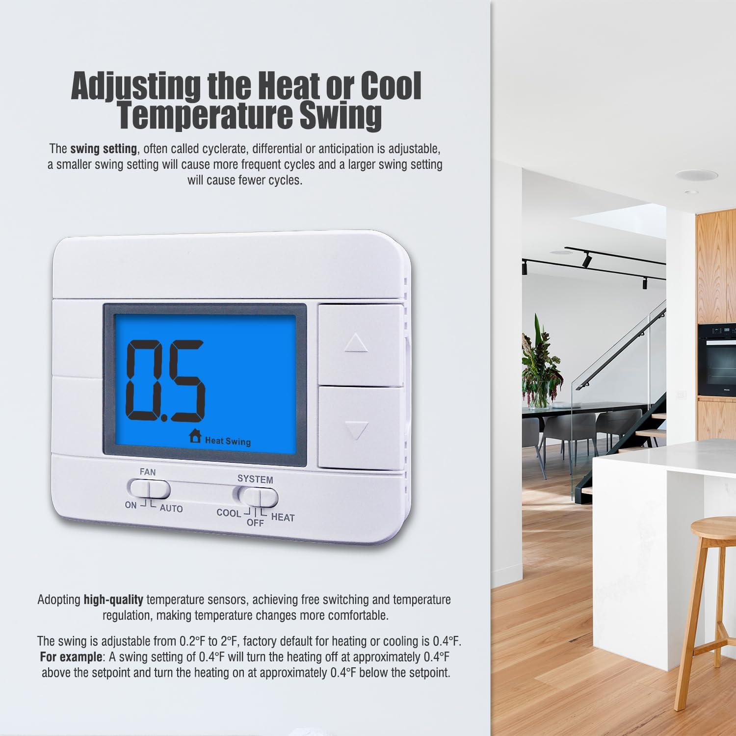 Non Programmable Thermostat for Home 1 Heat/ 1 Cool Single-Stage System, with Room Temperature Monitor (LCD White Backlit Screen)