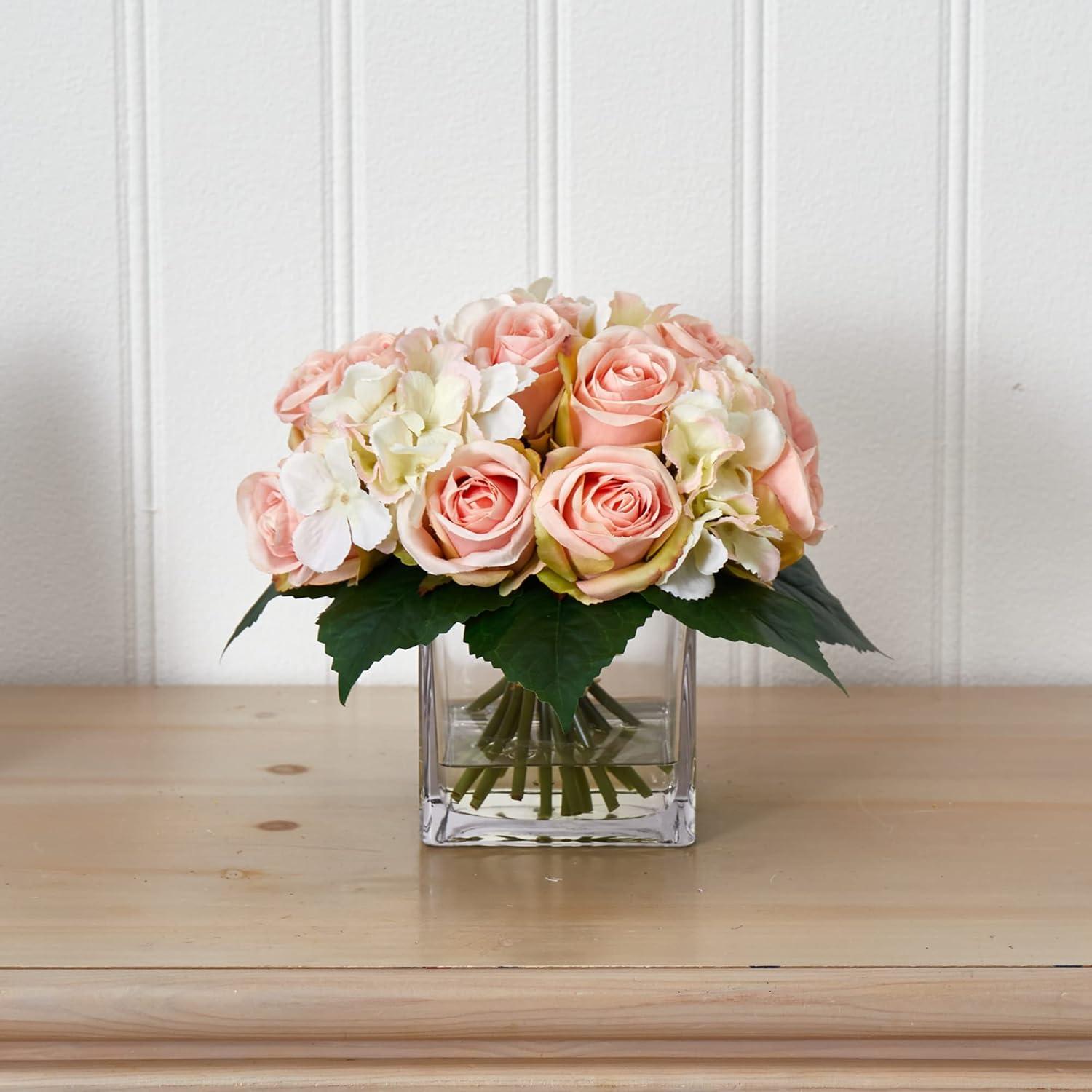 Charming Springtime Rose & Hydrangea 14" Tabletop Floral Arrangement