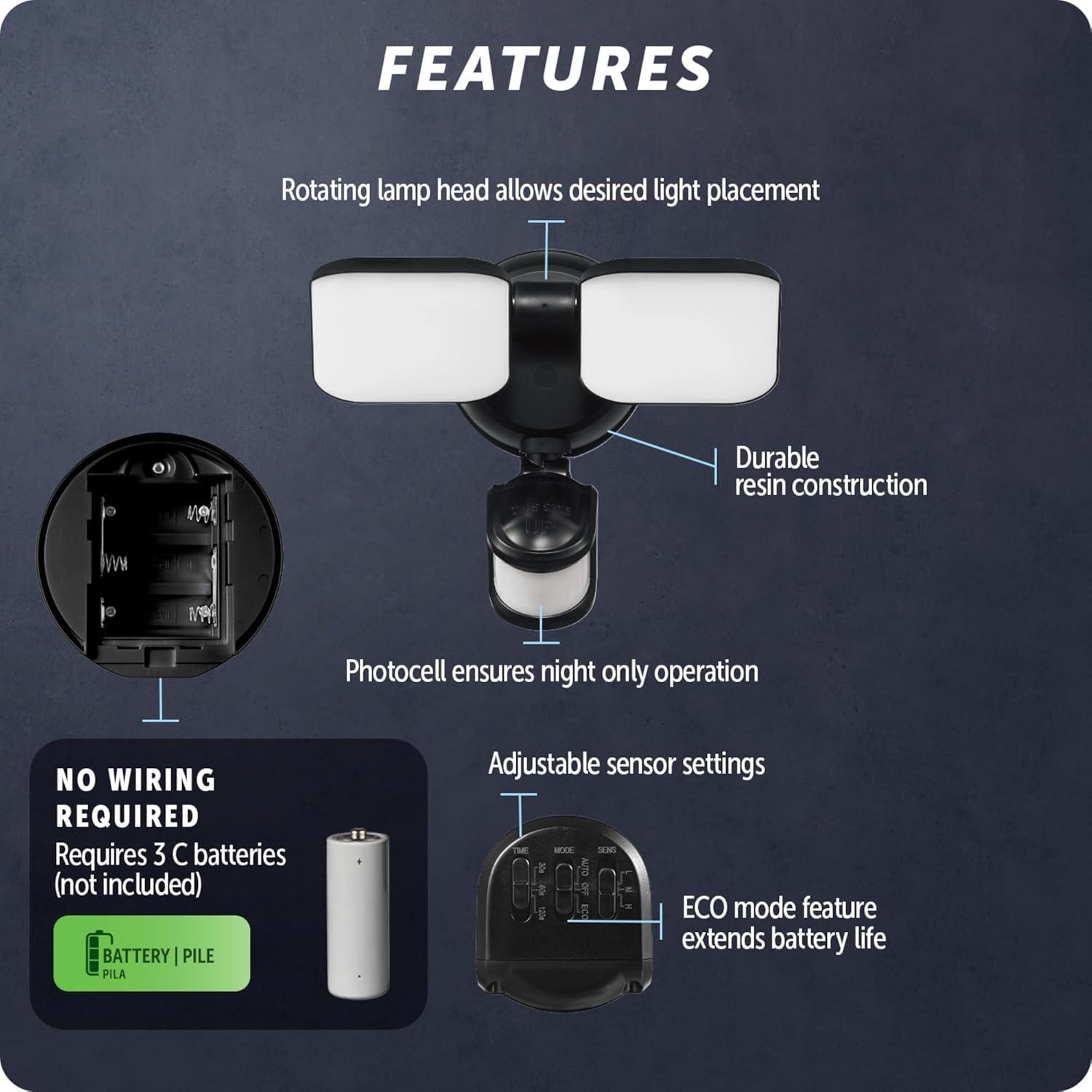 Black Battery Operated Twin Head LED Security Flood Light