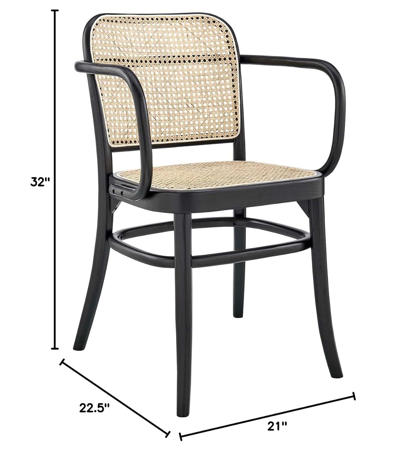 Modway Winona Elm Wood Dining Chair with Cane Rattan Seat – Black – Vintage Modern Accent Chair 21" x 22.5" x 32" with Open Back and Sculpted Frame