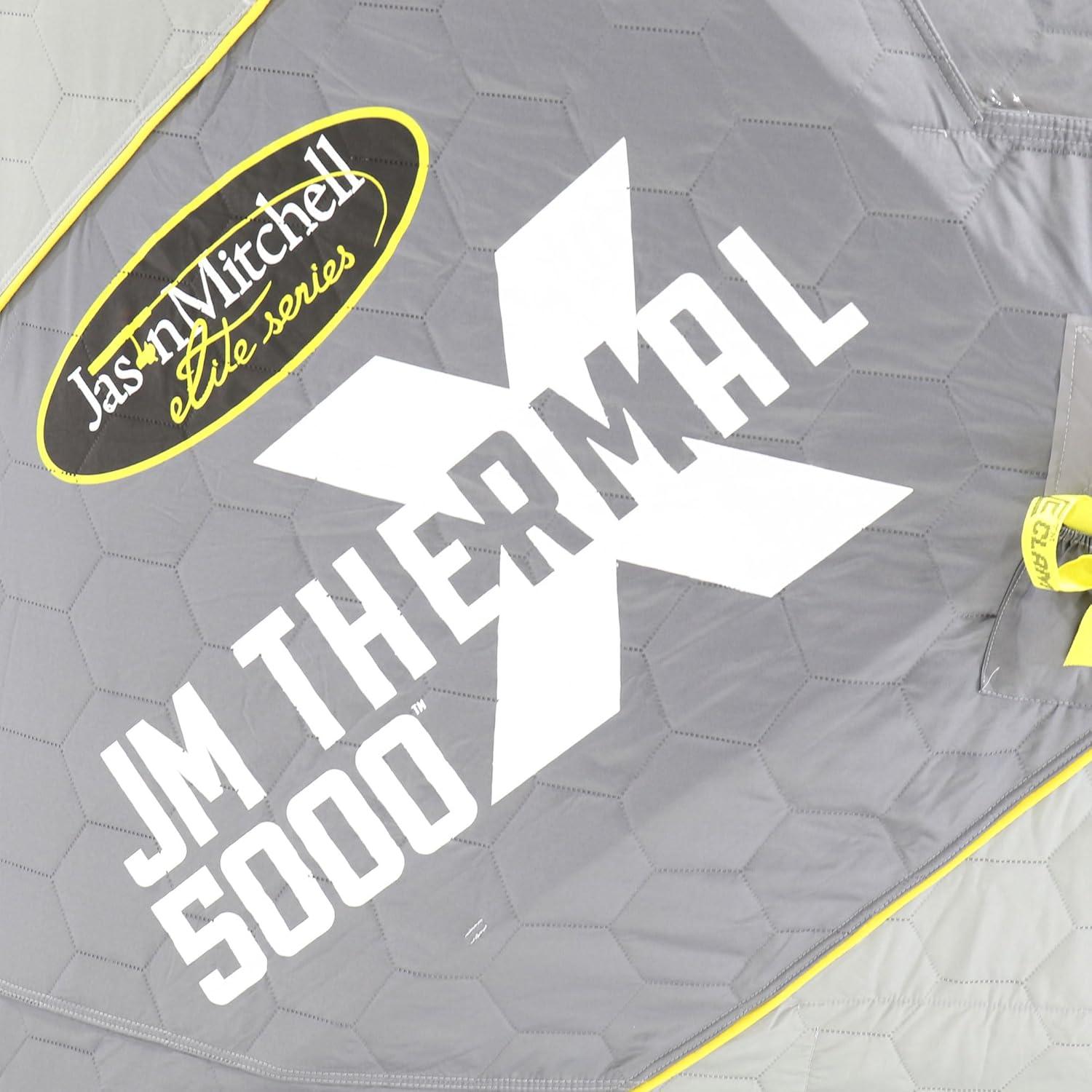 CLAM 14471 Portable 4 to 6 Person 9 Foot Jason Mitchell X5000 Ice Fishing Angler Thermal Hub Shelter Tent with Anchors, Tie Ropes, and Carrying Bag