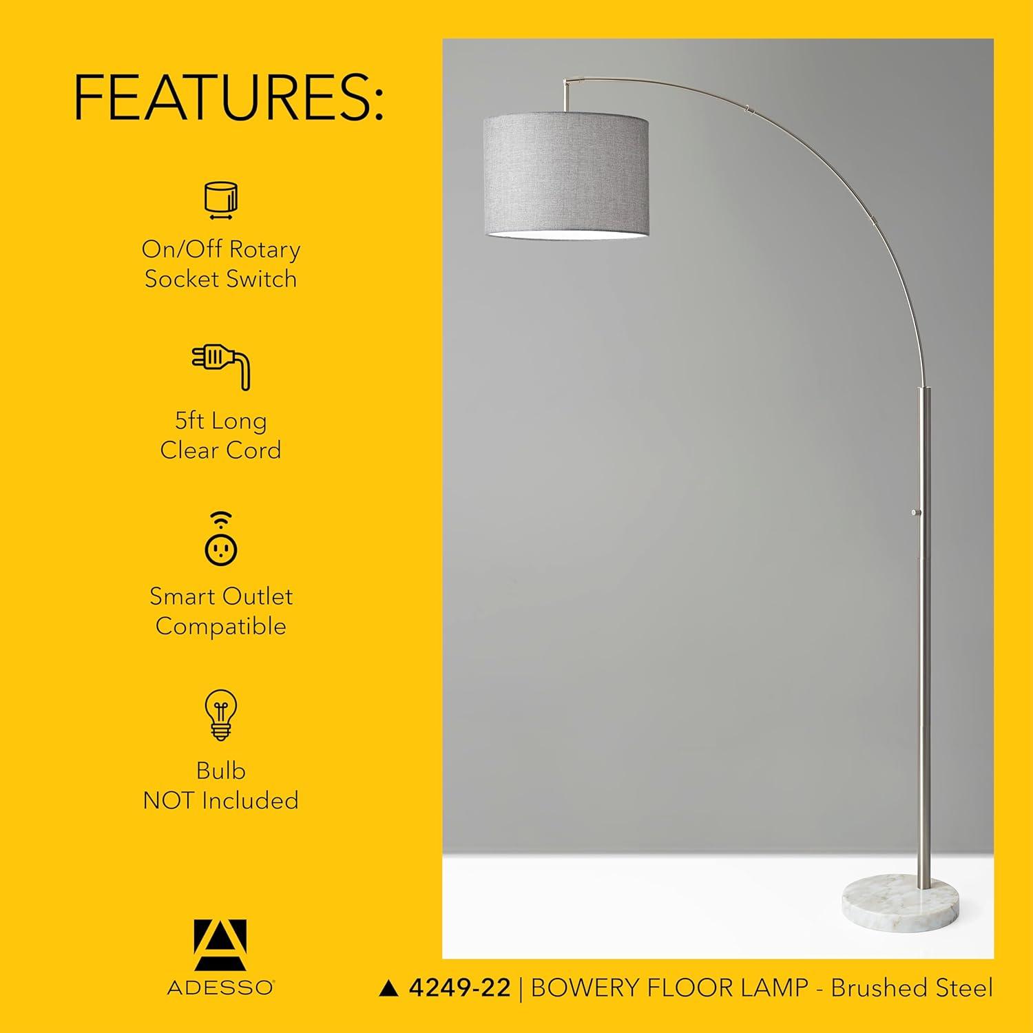 73.5" Bowery Arc Lamp Steel - Adesso: Contemporary Design, ETL Listed, Linen Shade, Metal Body