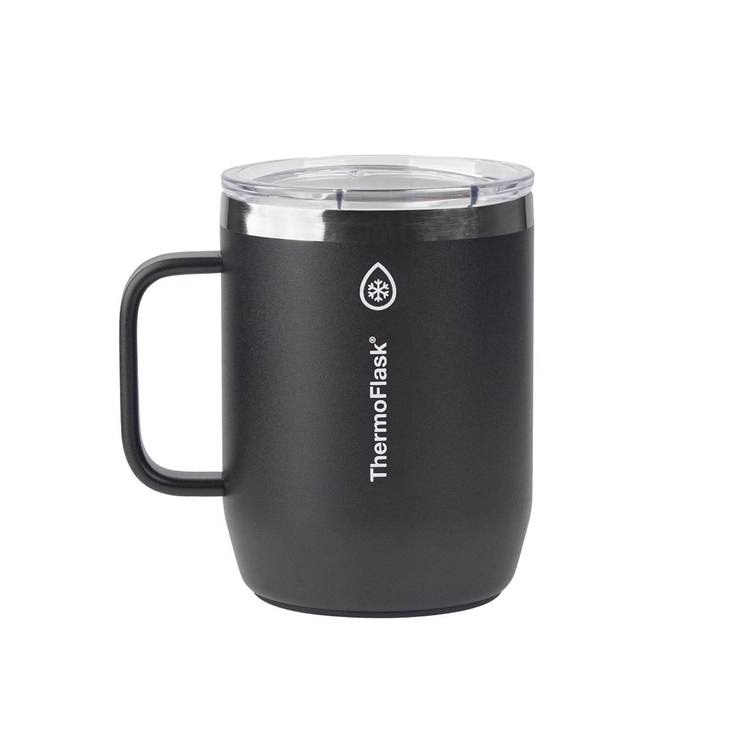 ThermoFlask Drinkware Collection - 12 oz Insulated Coffee Mug with Leakproof Push N Sip Lid, Jet Black