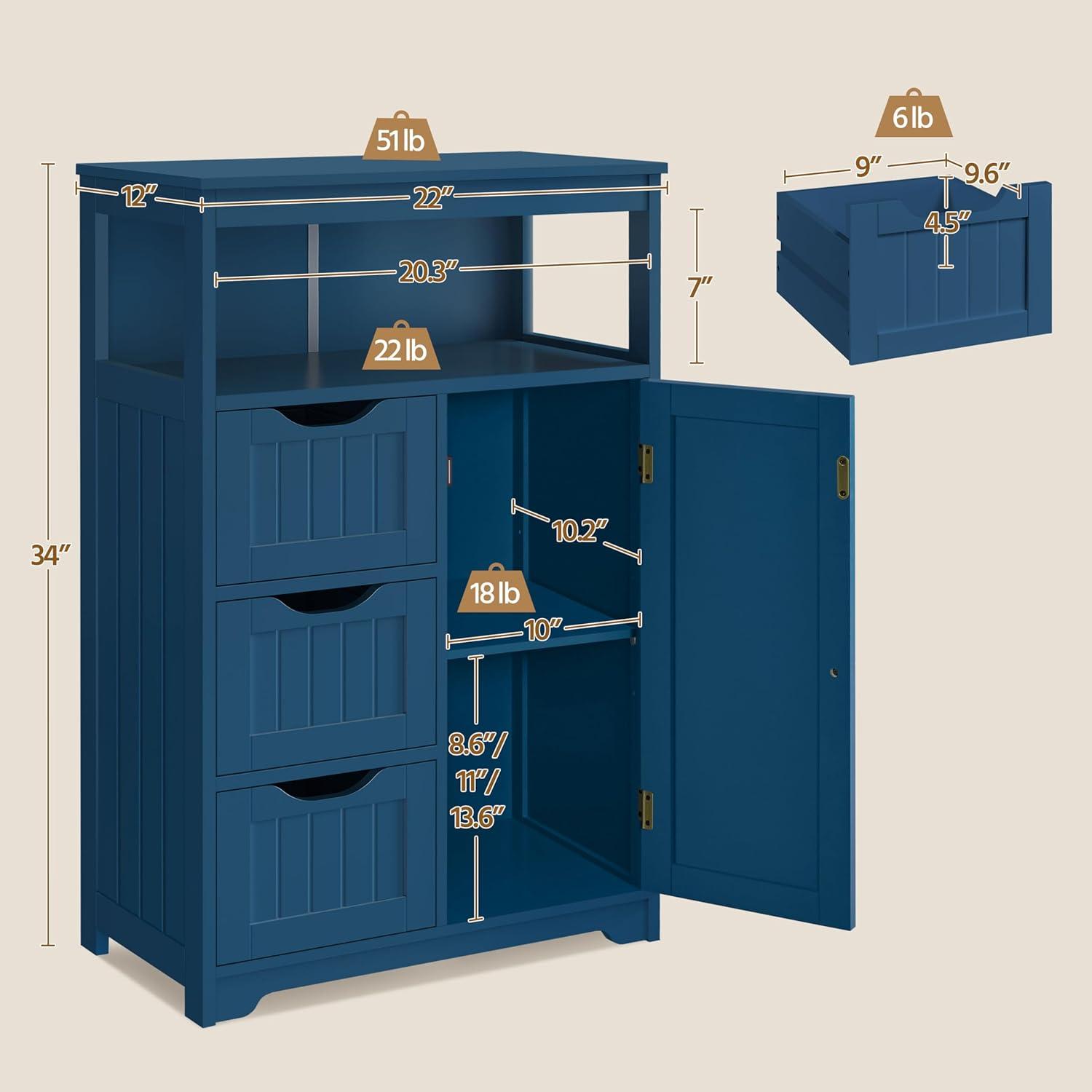 Topeakmart Wood Bathroom Floor Cabinet, Free Standing Storage Cabinet with 3 Drawers and Cupboard for Hallway/Entryway/Living Room Accent Furniture, Navy Blue