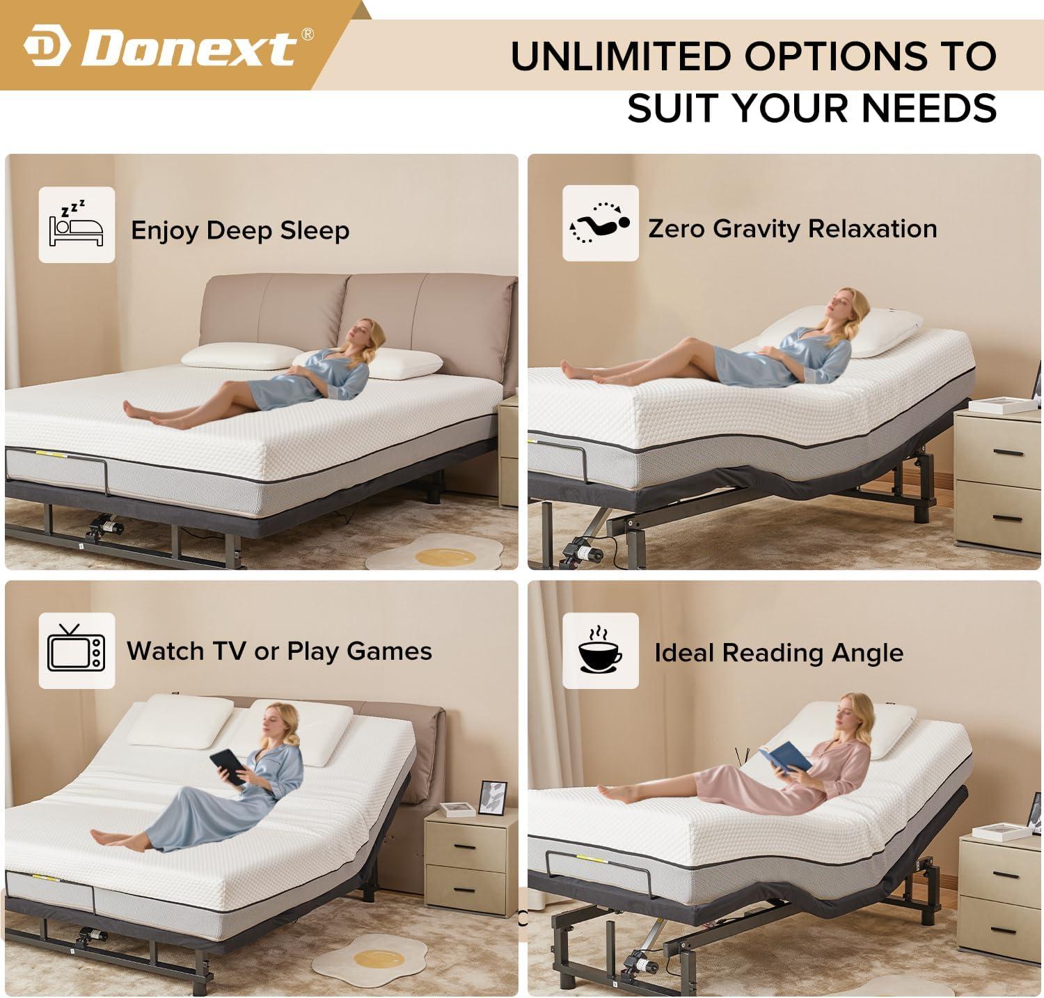 Donext Adjustable Bed Base, King Bed Frame, Independent Head and Foot Incline, Quiet Motor, Wireless Remote Control, Electric Bed Base, Black