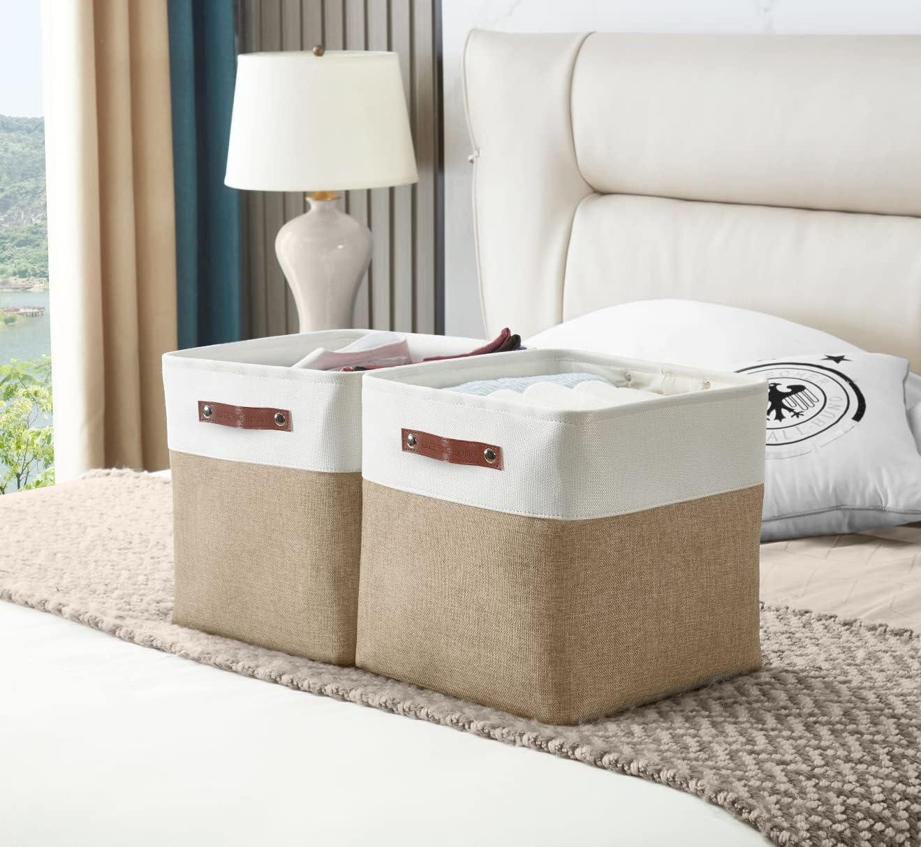 Beige and White Rectangular Fabric Storage Bins with Handles