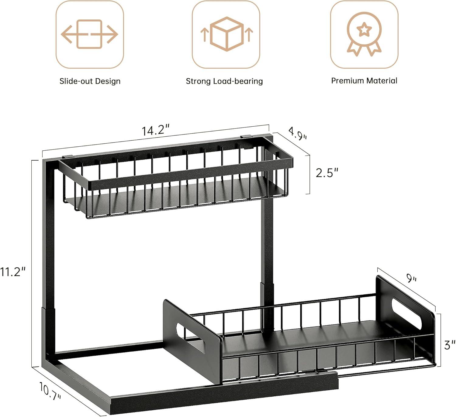 Under Sink Organizers and Storage, 2 Pack Pull Out Kitchen Bathroom Cabinet Organizer, 2 Tier Black Under Sink Storage for Bathroom Kitchen, Under Counter Storage Organizer with 8 Hooks