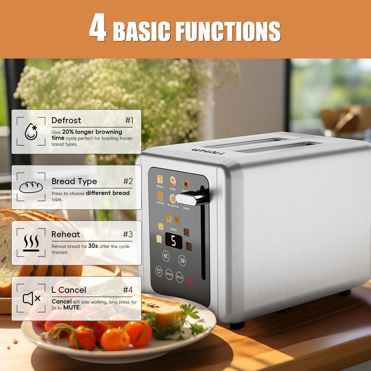 Stainless Steel Digital Touch Screen Toaster with Wide Slots