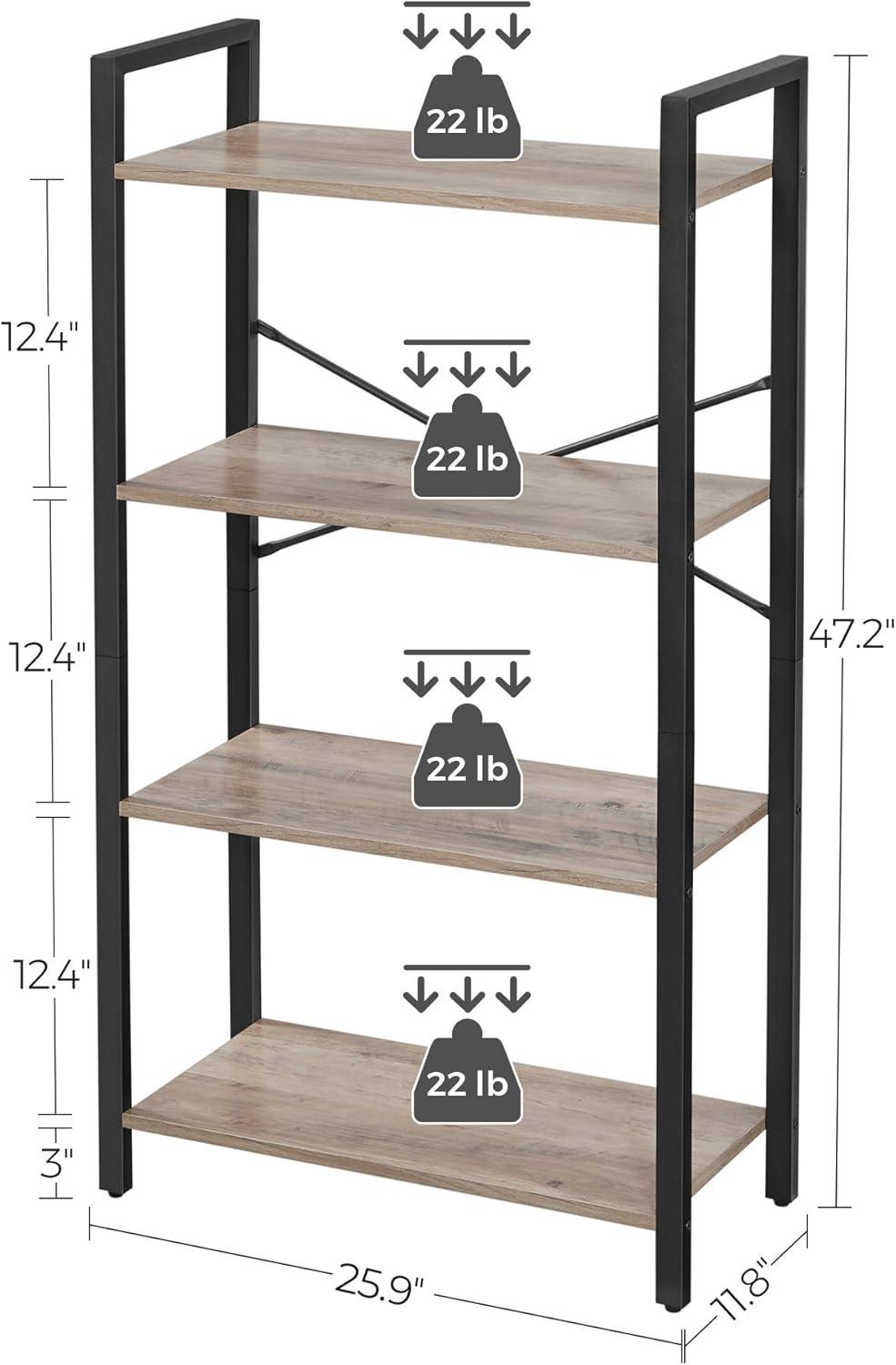 Greige and Black 4-Tier Industrial Bookshelf with Steel Frame