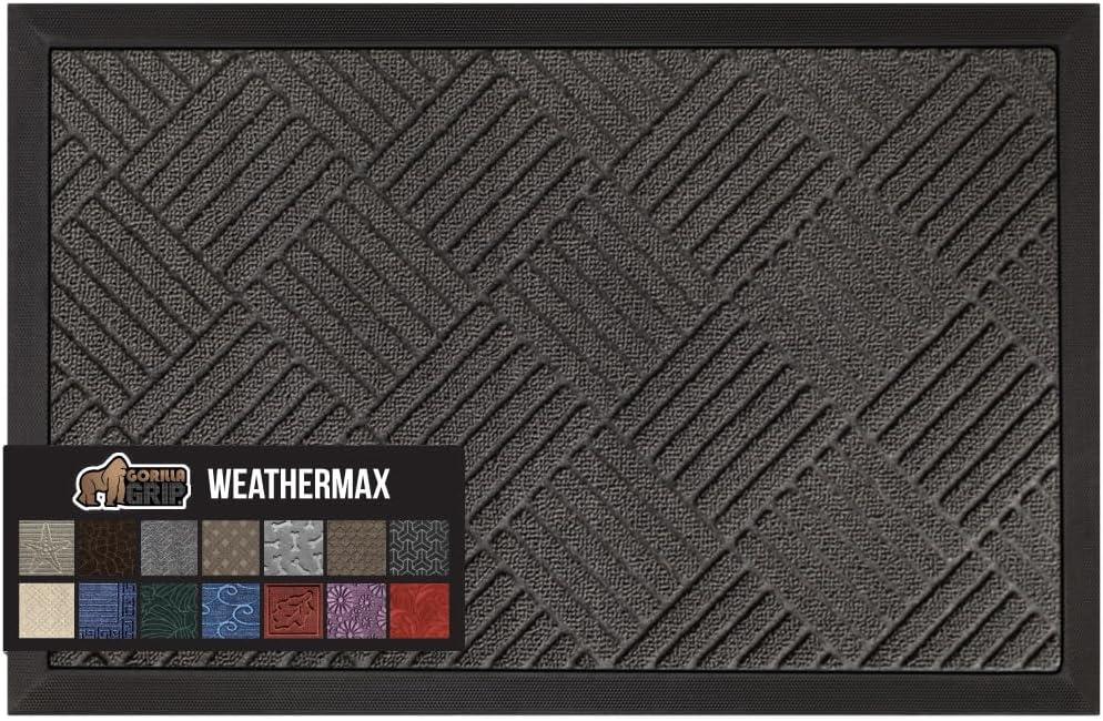 GORILLA GRIP 100% Waterproof All-Season WeatherMax Doormat, 23x35, Durable Natural Rubber, Stain and Fade Resistant, Low Profile, Indoor Outdoor Door Mats, Easy Clean Patio Entrance Mat, Gray Diamond