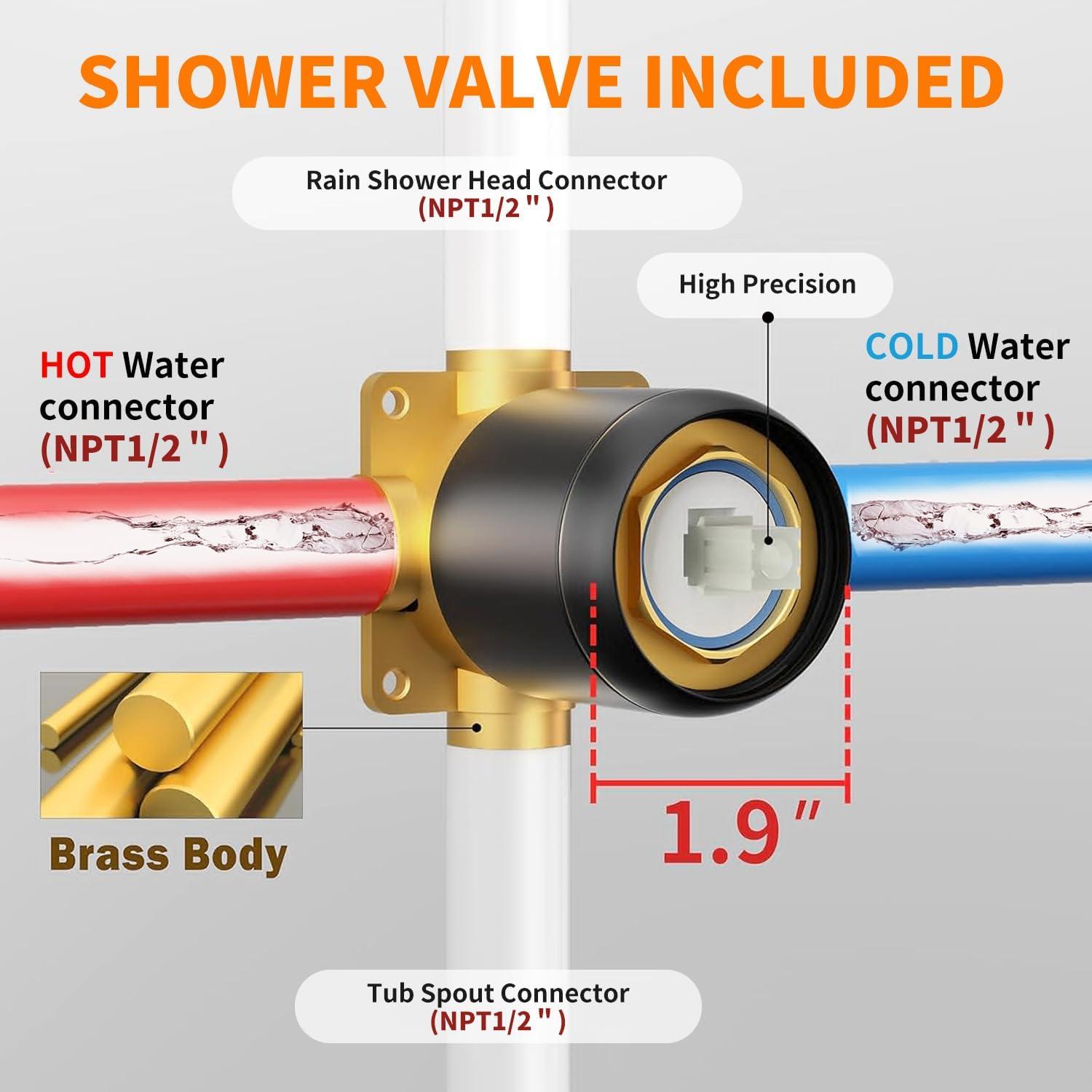 Black Shower Faucet Shower Trim Kit with Mixer Valve 8in Rain Shower Head Combos