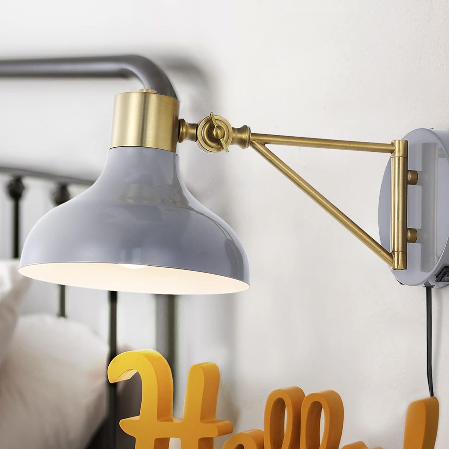 Gray and Brass Gold Swing Arm Wall Sconce with USB Port