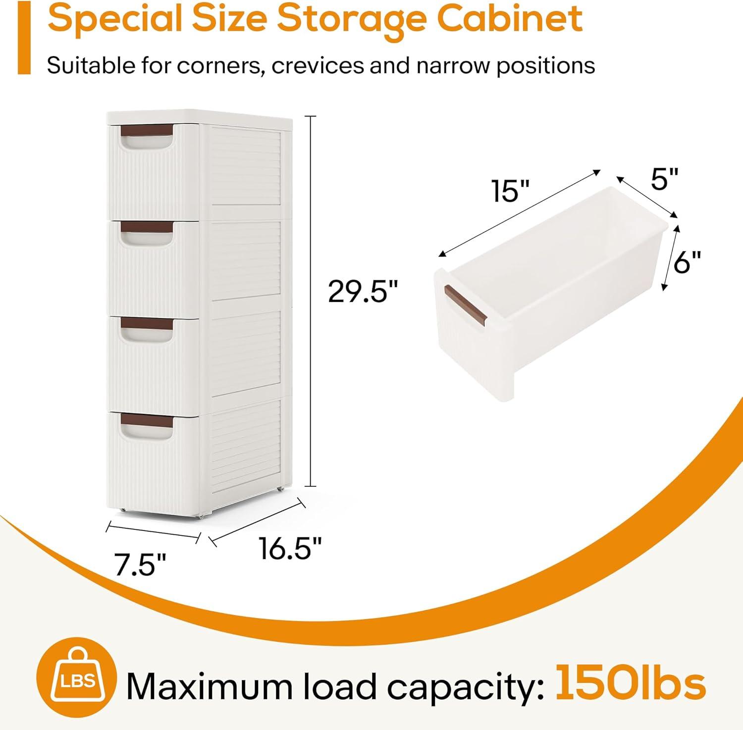 Rebrilliant Slim Plastic Rolling Storage Cabinet With 4 Drawers For Bathroom, Kitchen, Laundry - White