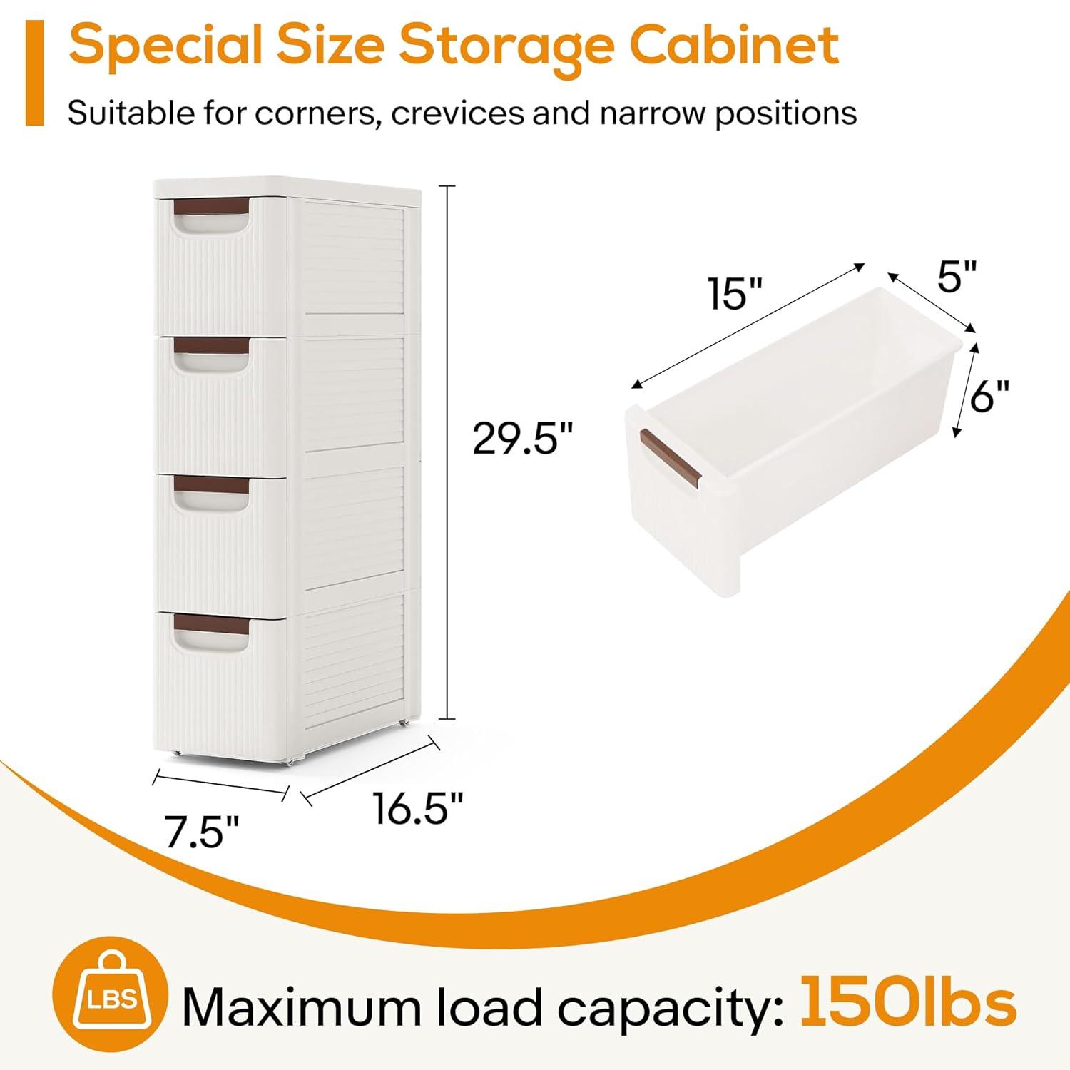 Rebrilliant Slim Plastic Rolling Storage Cabinet With 4 Drawers For Bathroom, Kitchen, Laundry - White