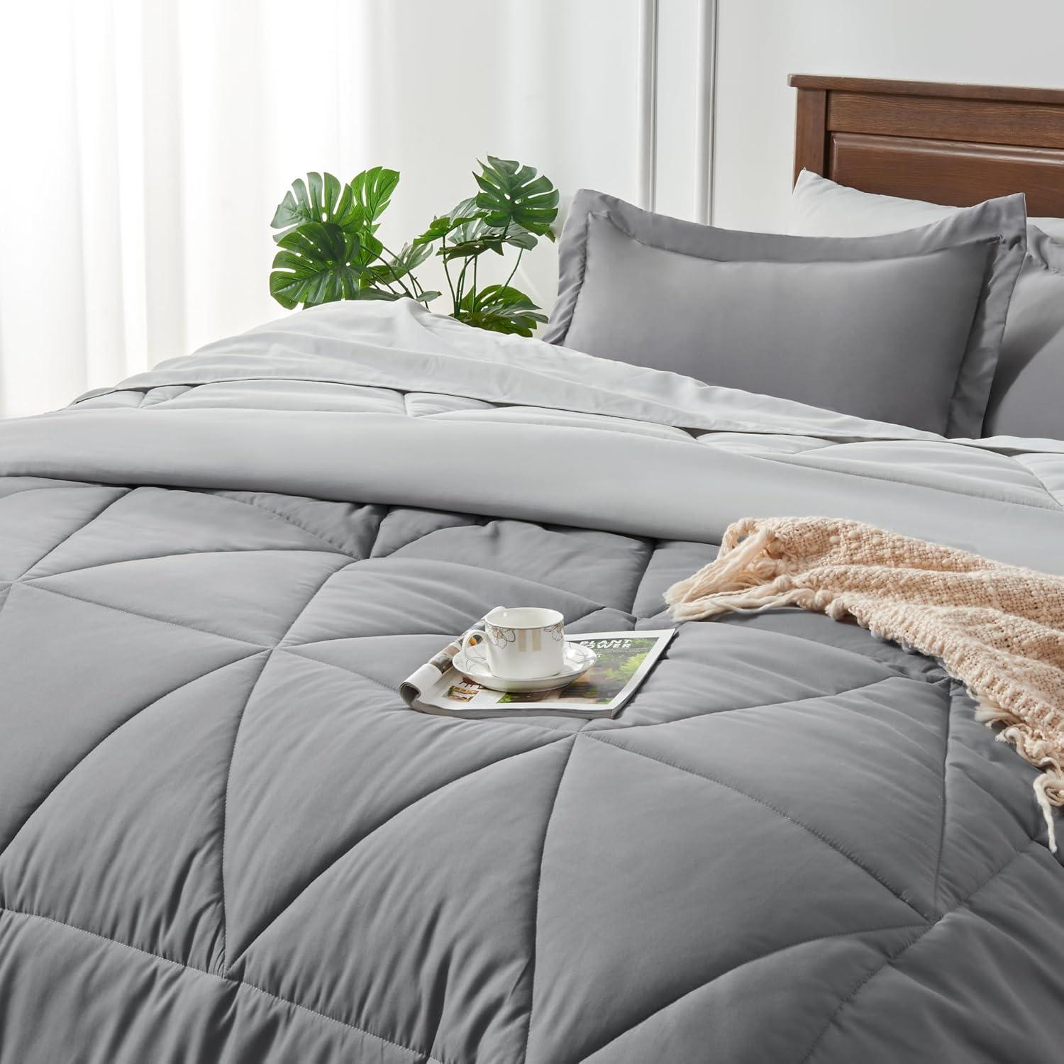 Queen Comforter Set - 7 Pieces Bed in a Bag Set Dark Grey, Bedding Sets Queen with All Season Quilted Comforter, Flat Sheet, Fitted Sheet, Pillowcases, Dark Gray, Queen