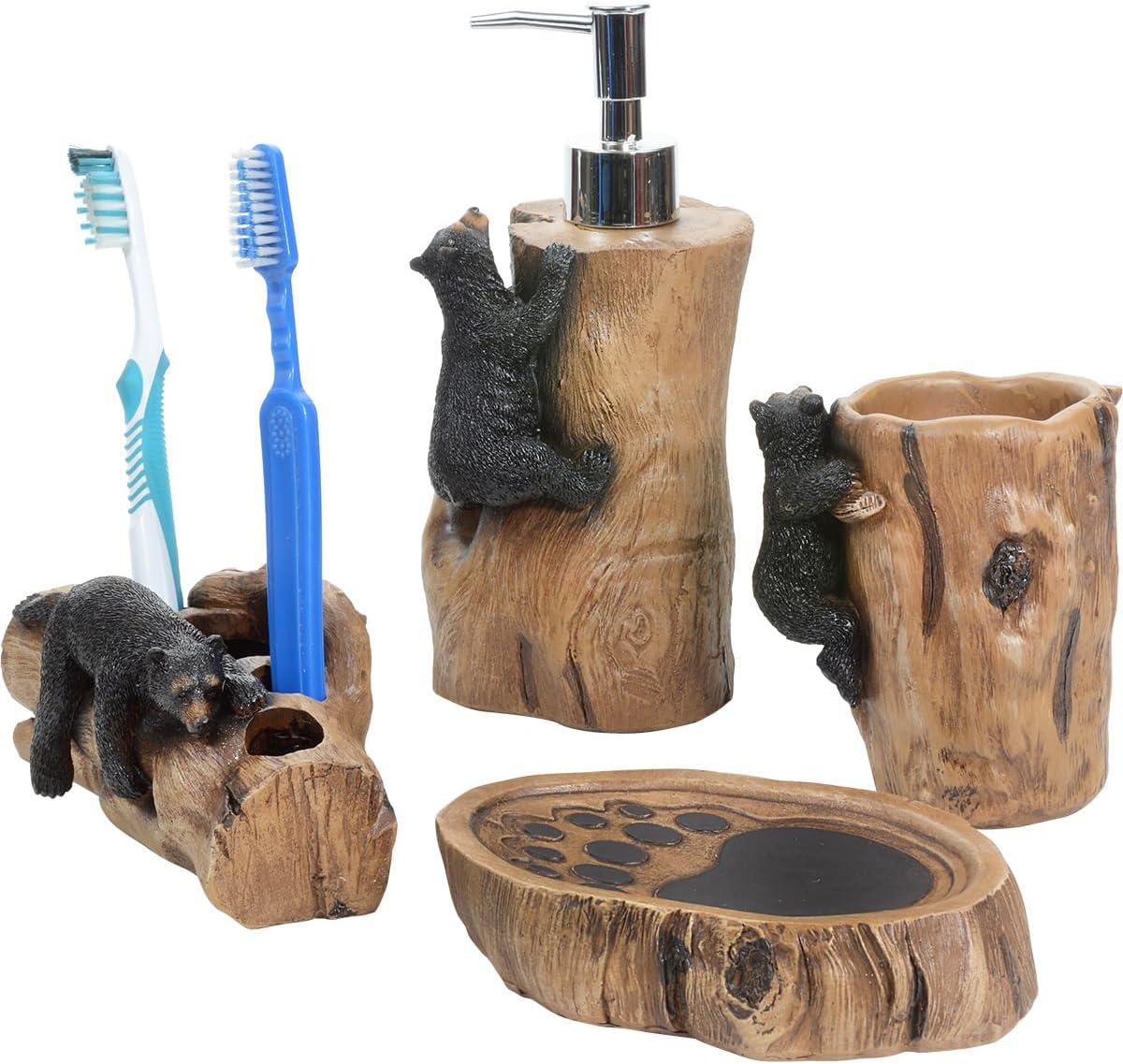 Rustic Lodge Polyresin Bath Set with Climbing Black Bears