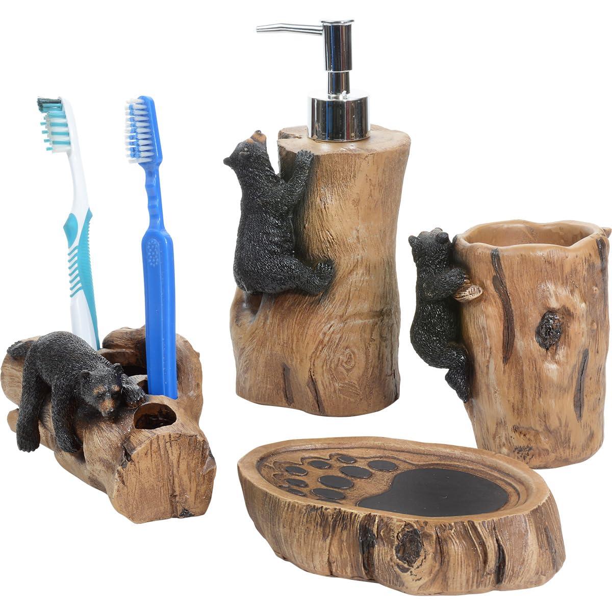 Rustic Lodge Polyresin Bath Set with Climbing Black Bears