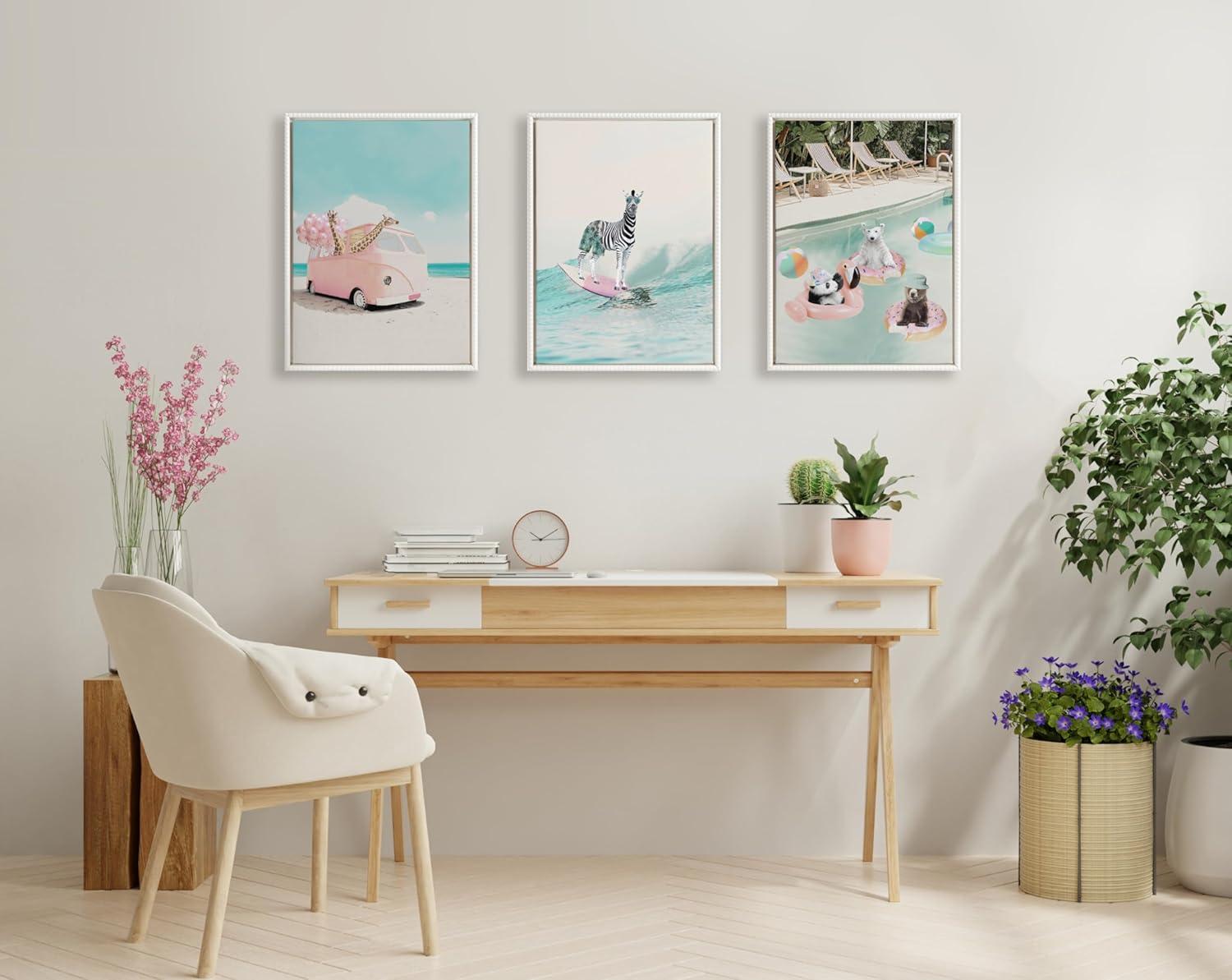 Kate and Laurel Sylvie Beaded Pool Party Vintage Framed Canvas Wall Art by July Art Prints, 18x24 White, Animal Pool House Wall Decor