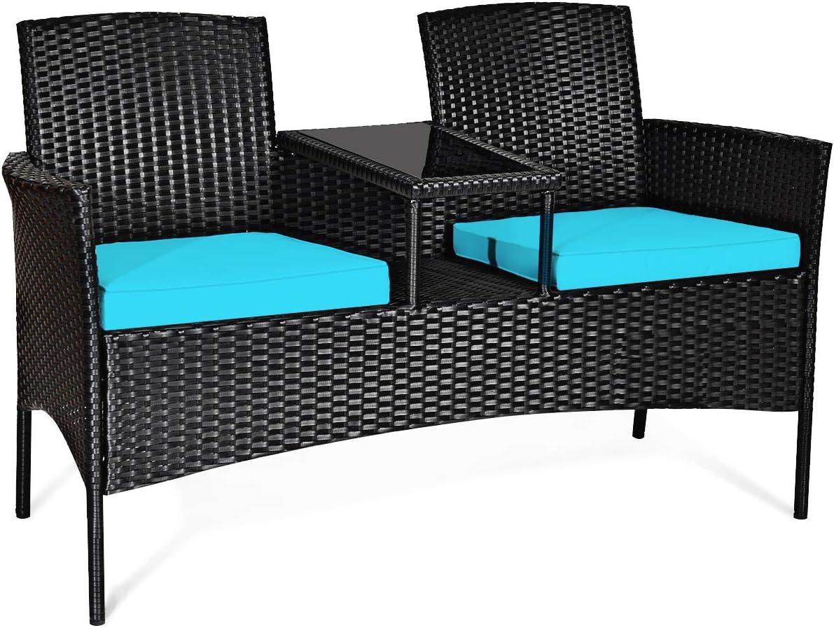 Resenkos Wicker Patio Conversation Furniture Set with Seat , Balcony Furniture Outdoor Rattan Patio Conversation Set with Removable Cushions and Table-Turquoise