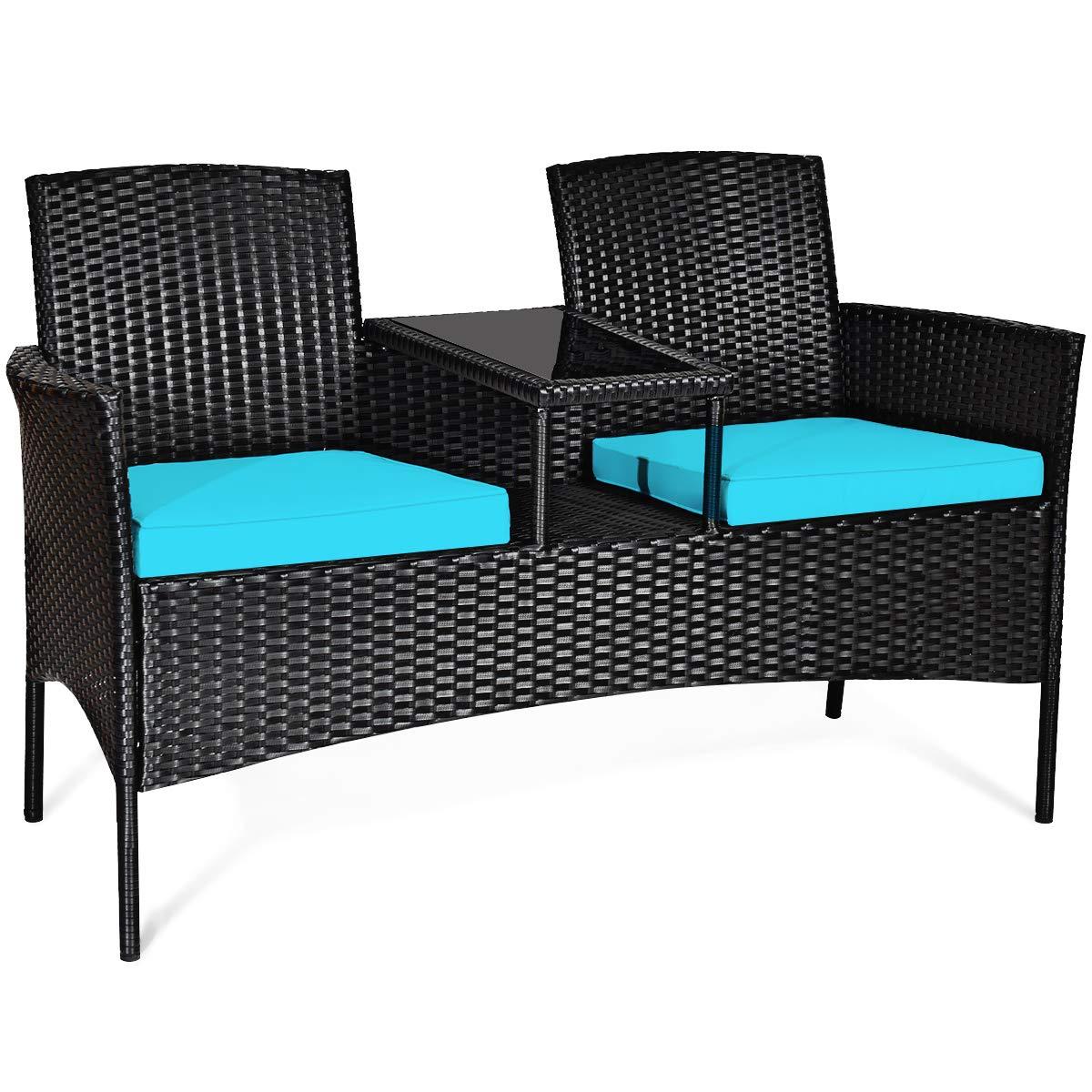 Tangkula Outdoor Rattan Furniture Wicker Patio Conversation Chair W/Cushions Turquoise