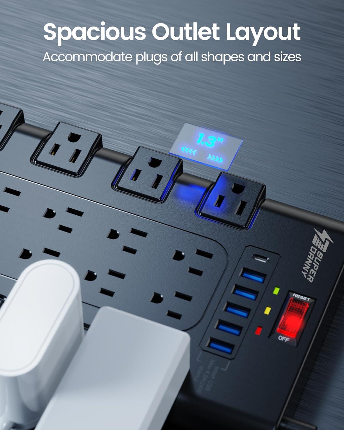 Black 28-Outlet Power Strip with USB Ports