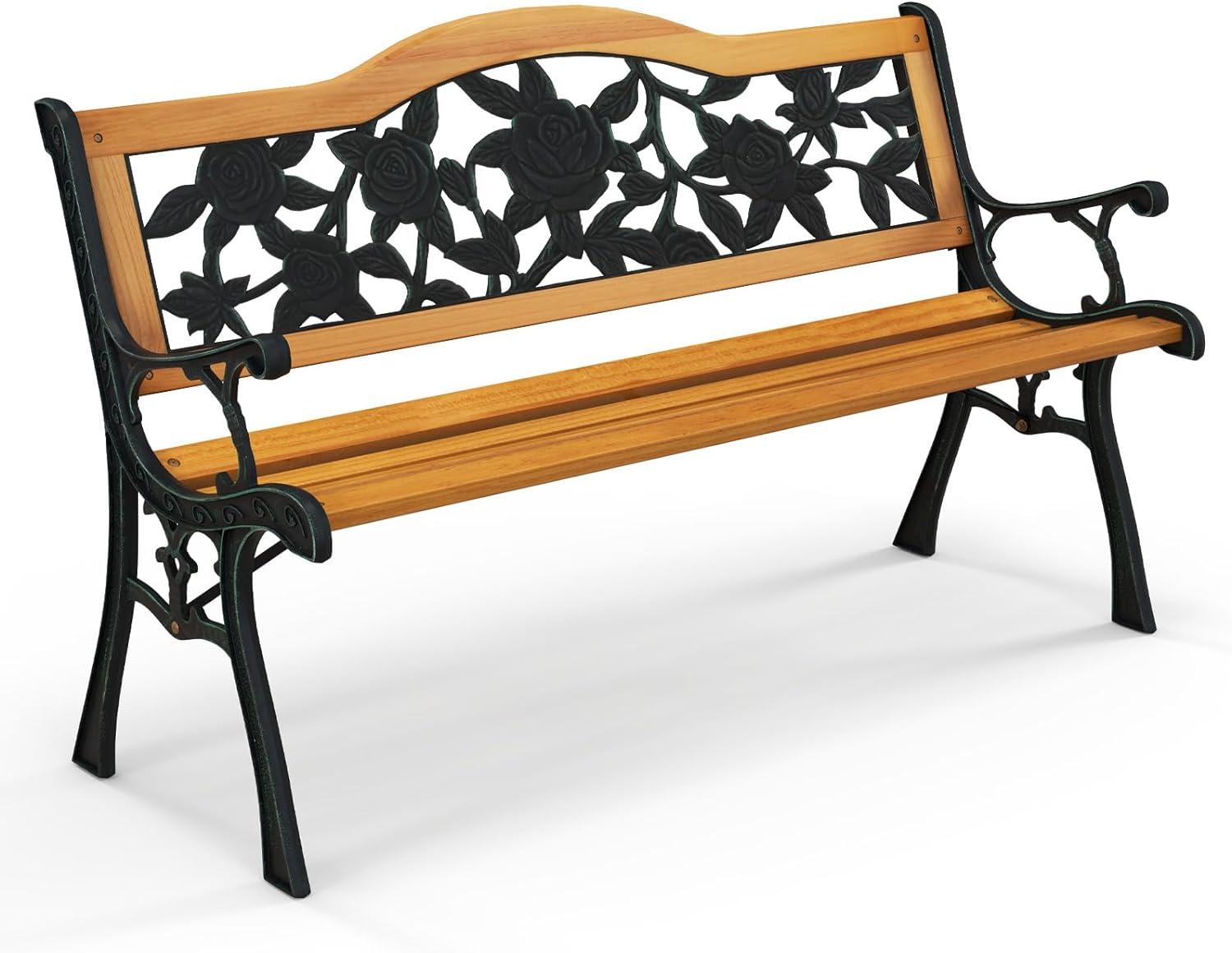 Tangkula Garden Cast Iron Bench Porch Path Loveseat Hardwood Chair for Patio Park