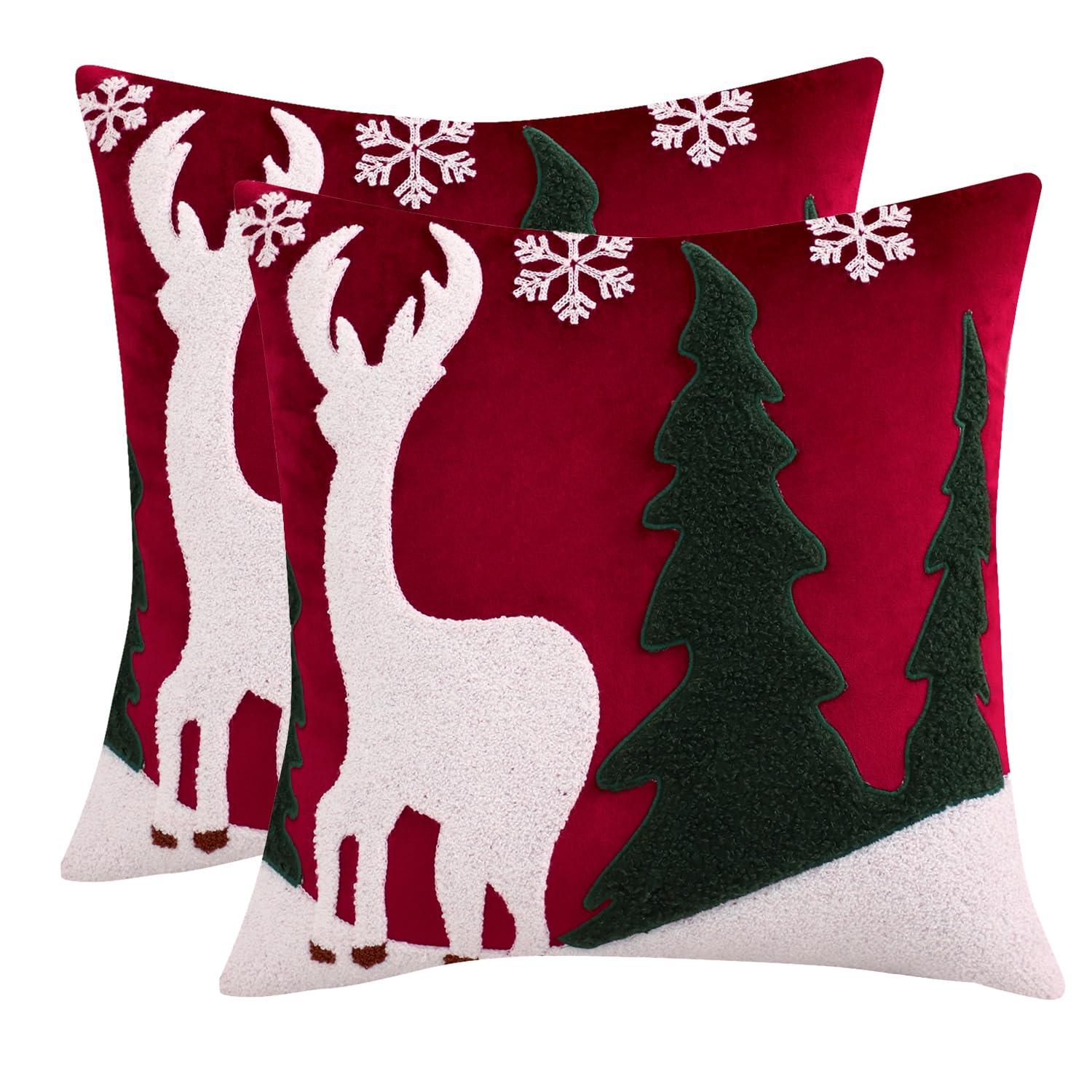 Christmas Red Velvet Reindeer and Trees 18x18 Pillow Covers
