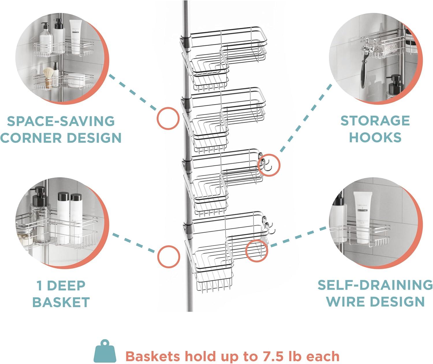 Satin Nickel Shower Caddy with 4 Shelves, Zenna Home Tension Pole