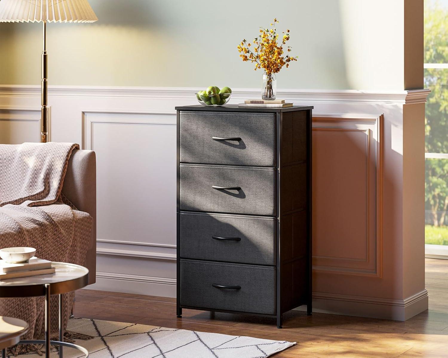 Dresser for Bedroom with 4 Storage Drawers, Small Dresser Chest of Drawers Fabric Dresser with Sturdy Steel Frame, Dresser for Closet with Wood Top, Dark Grey