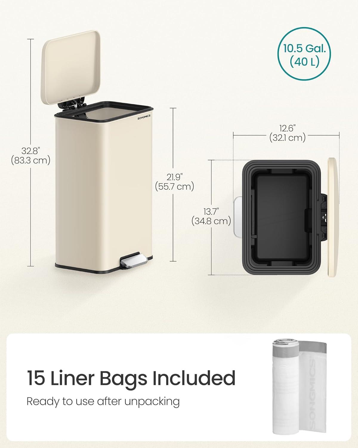 SONGMICS Kitchen Trash Can, 10.5 Gallon (40 L) Garbage Can, Large Step Trash Bin with Lid, Stainless Steel, Soft Close, 15 Trash Bags Included, Sand Beige ULTB540A01